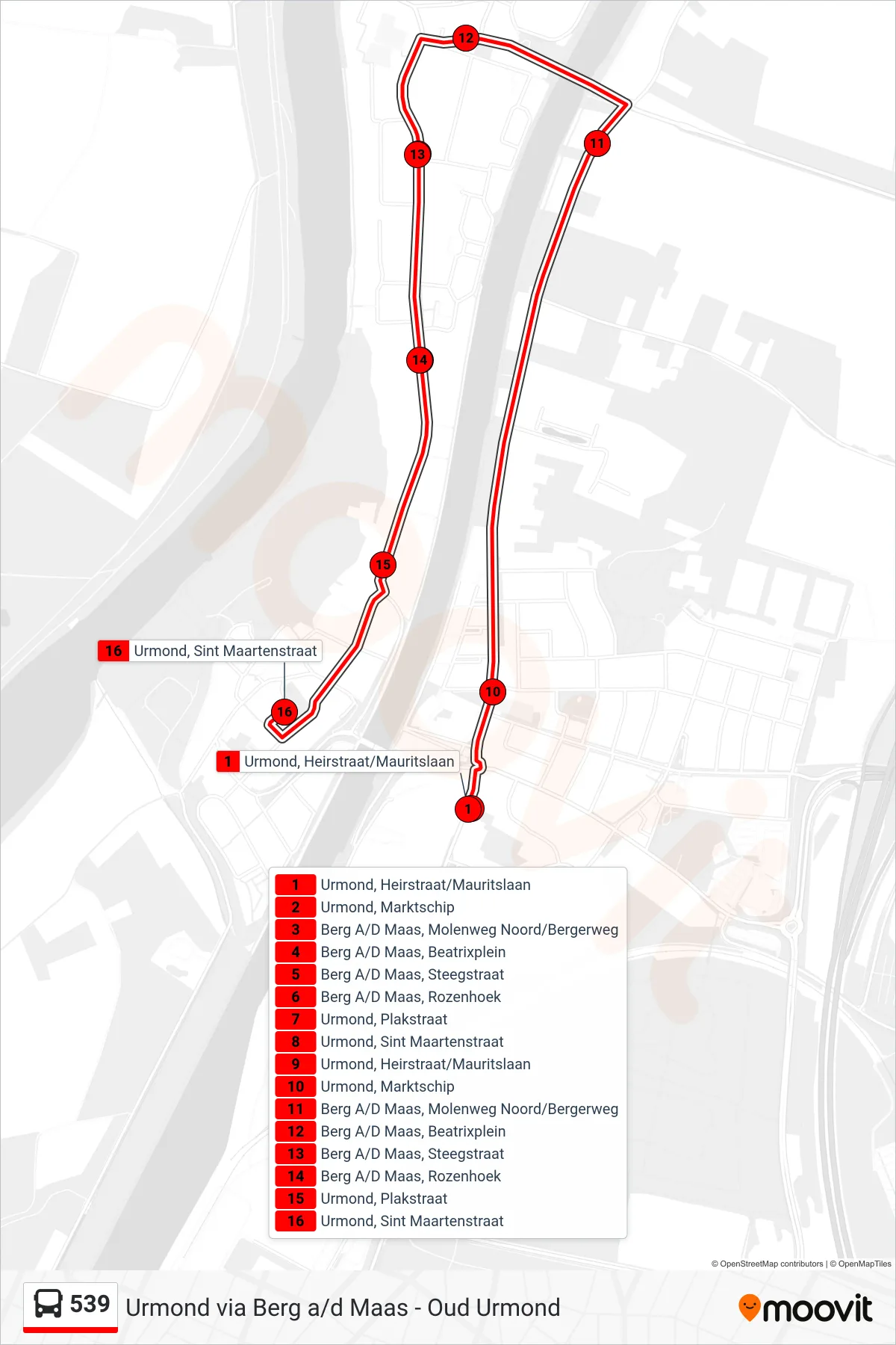 539 bus Line (Urmond St Maartenstraat) route and stops on a map