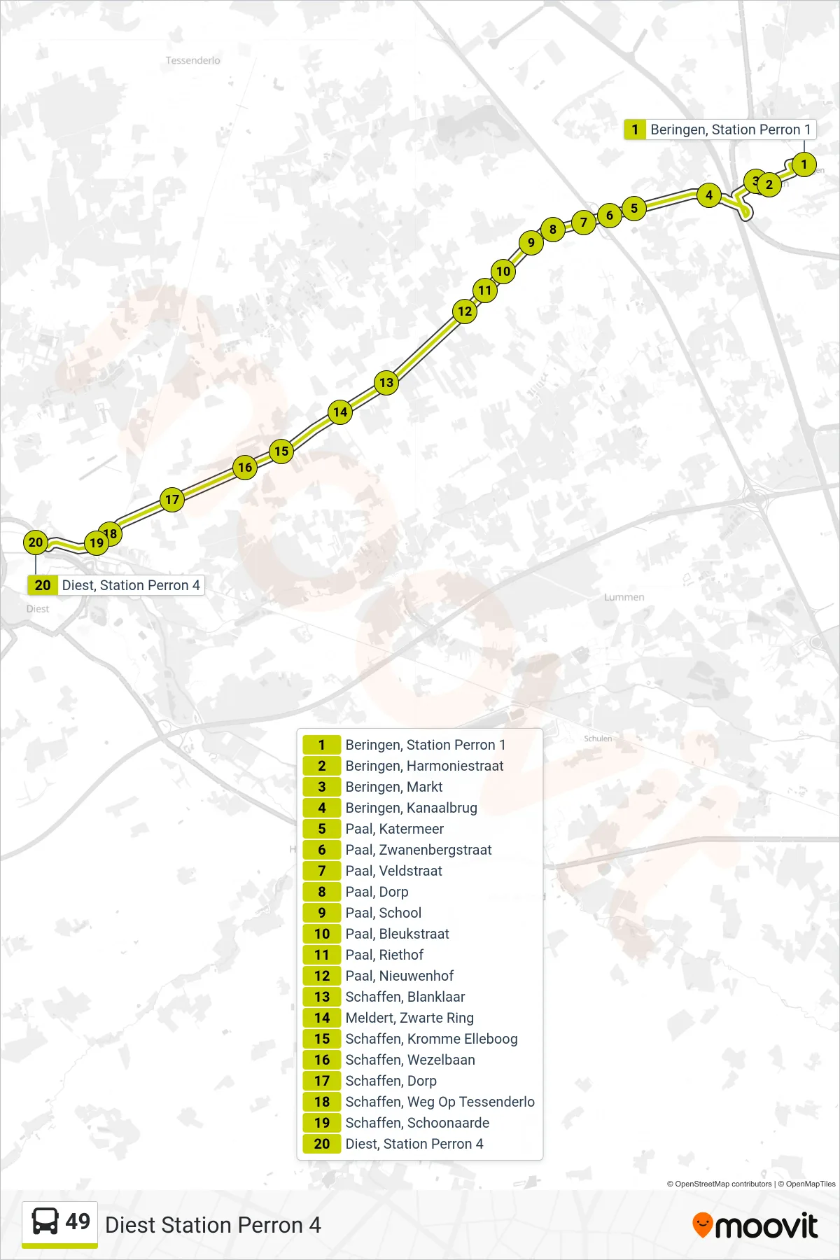 Lijn 49 (bus, Diest Station Perron 4): route en haltes op de kaart