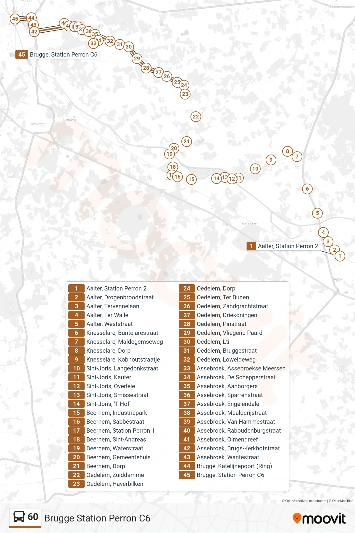 Lijn 60 (bus, Brugge Station Perron C6): route en haltes op de kaart