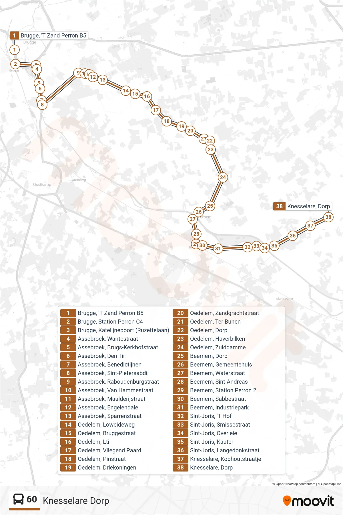 Lijn 60 (bus, Knesselare Dorp): route en haltes op de kaart