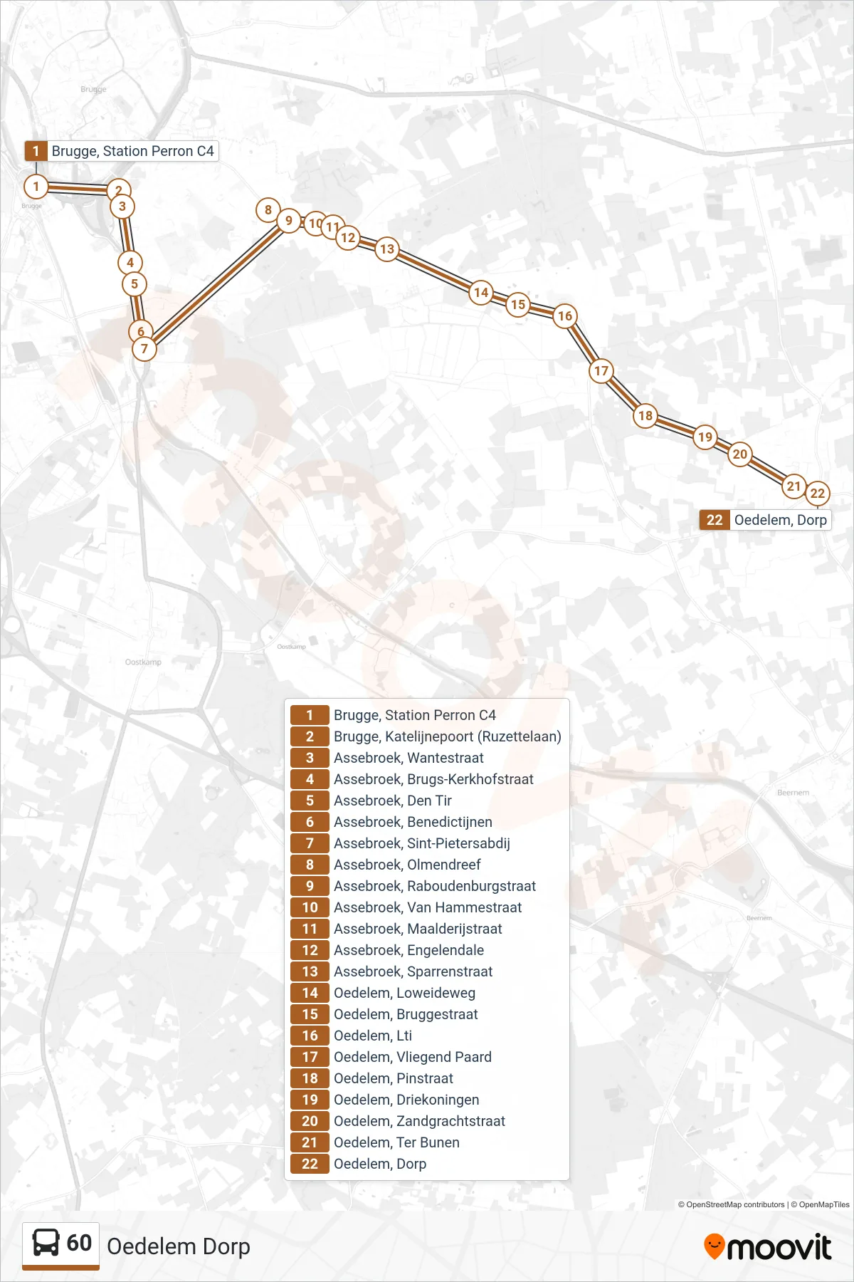 Lijn 60 (bus, Oedelem Dorp): route en haltes op de kaart