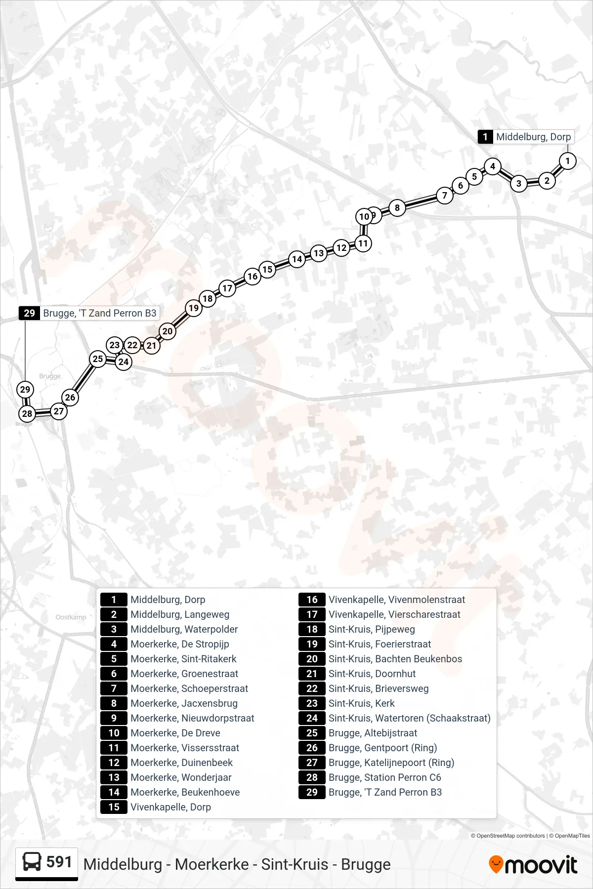 Lijn 591 (bus, Brugge 'T Zand Perron B3): route en haltes op de kaart