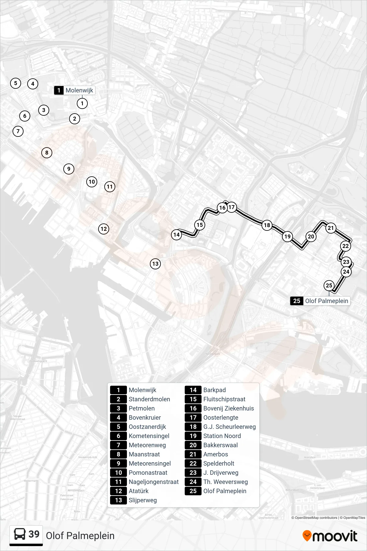 39 bus Line (Olof Palmeplein) route and stops on a map