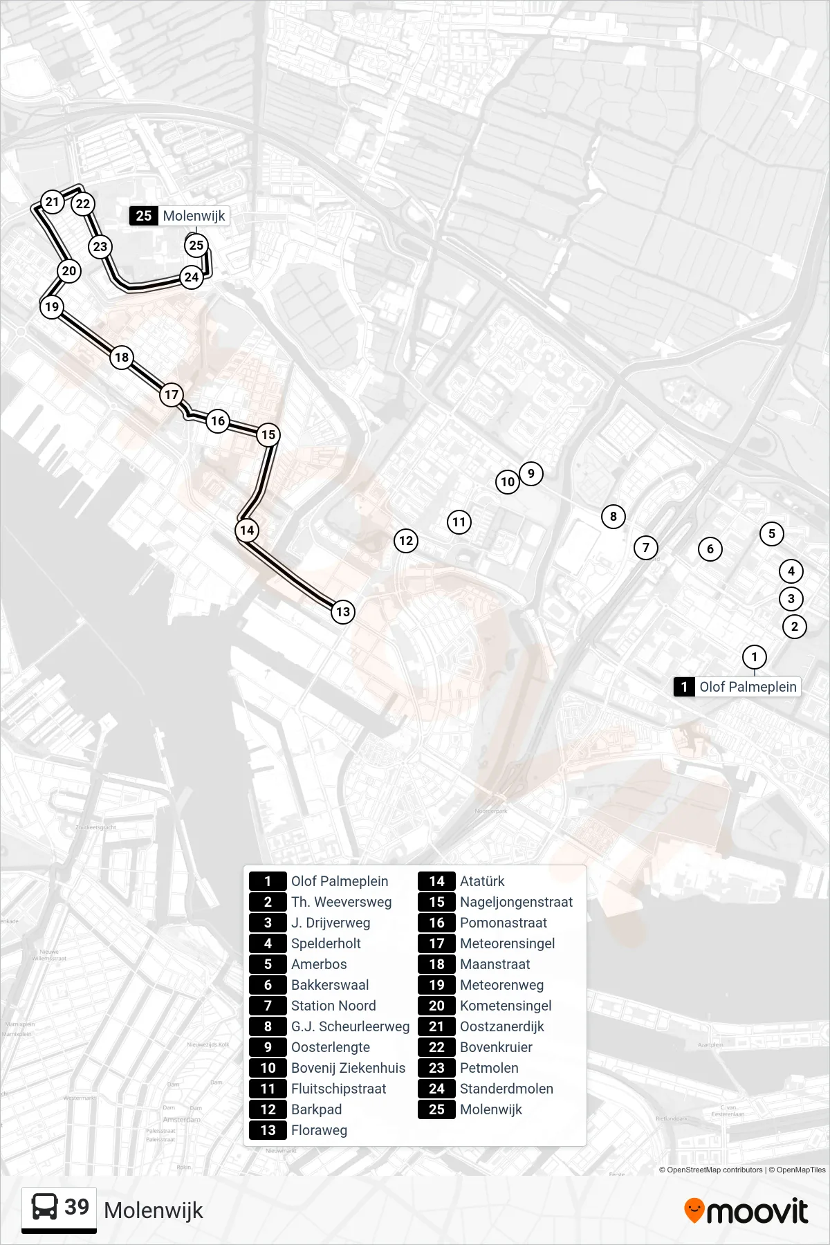 Lijn 39 (bus, Molenwijk): route en haltes op de kaart