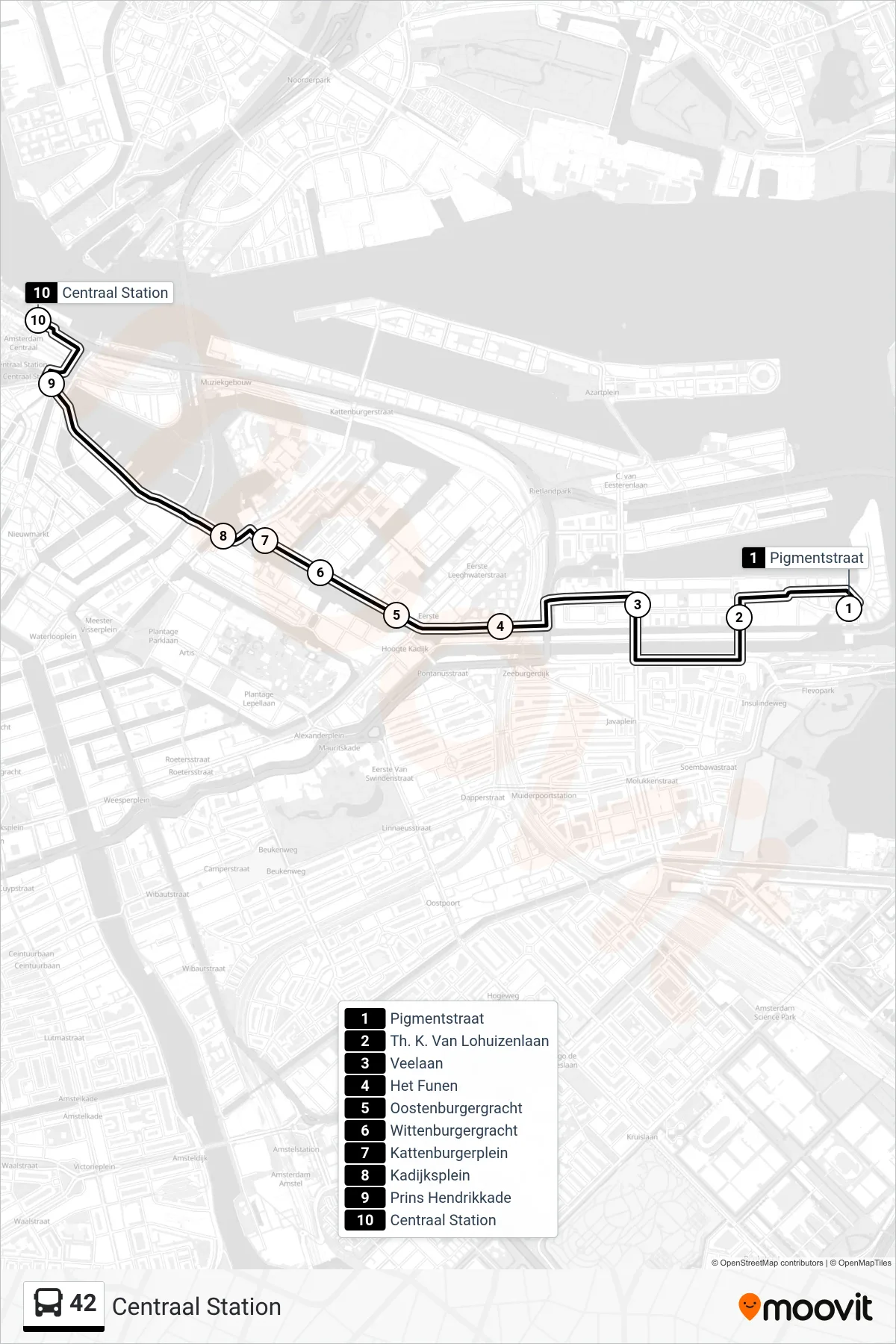 Lijn 42 (bus, Centraal Station): route en haltes op de kaart