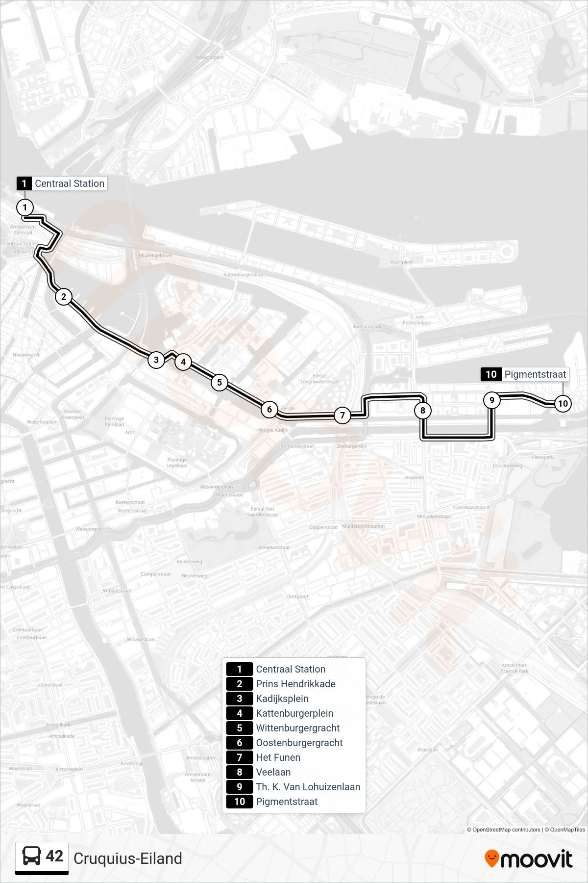 42 bus Line (Cruquius-Eiland) route and stops on a map