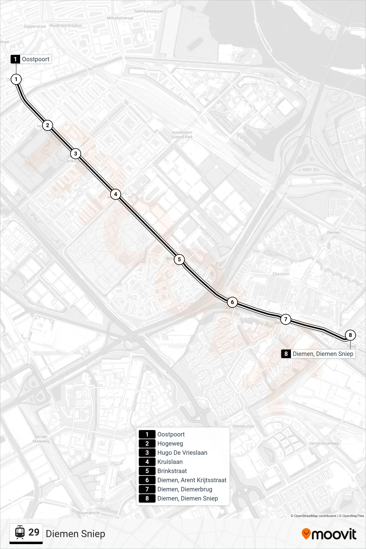 Lijn 29 (tram, Diemen Sniep): route en haltes op de kaart