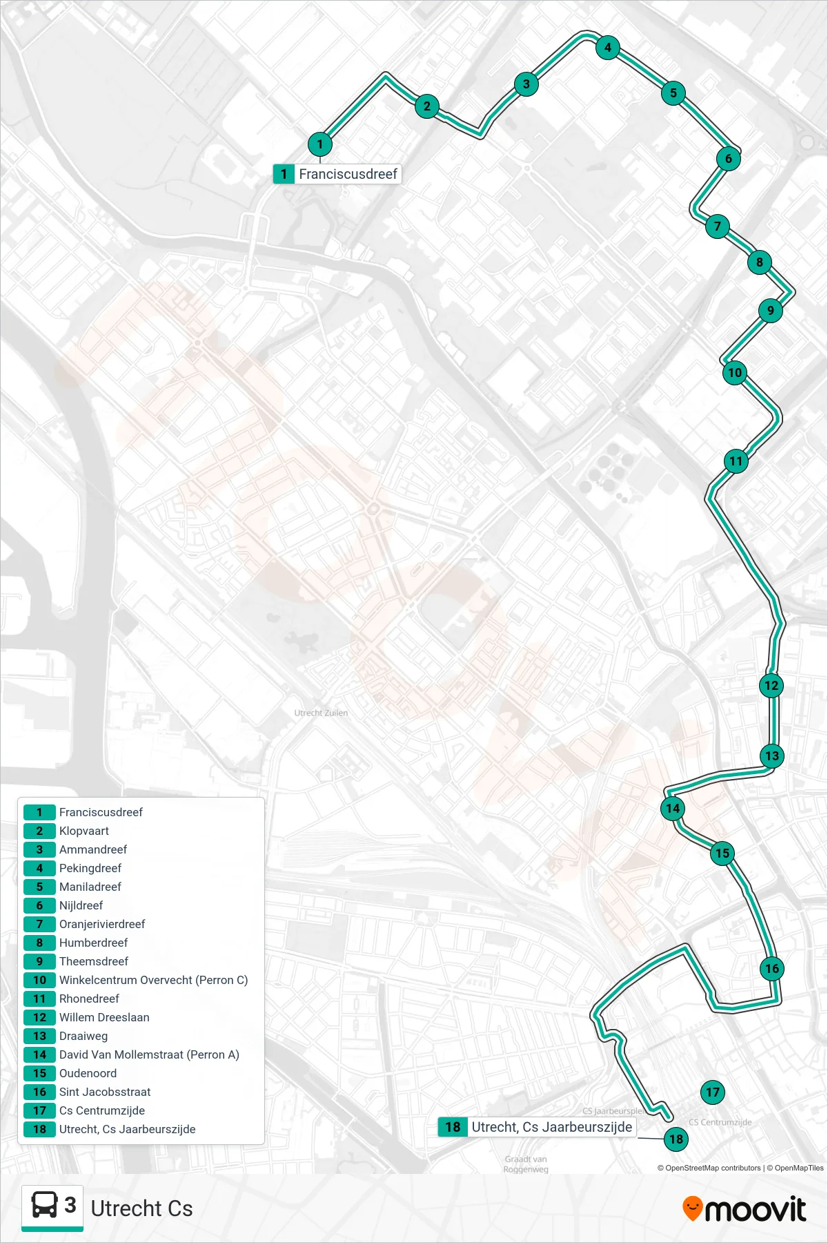 Lijn 3 (bus, Utrecht Cs): route en haltes op de kaart
