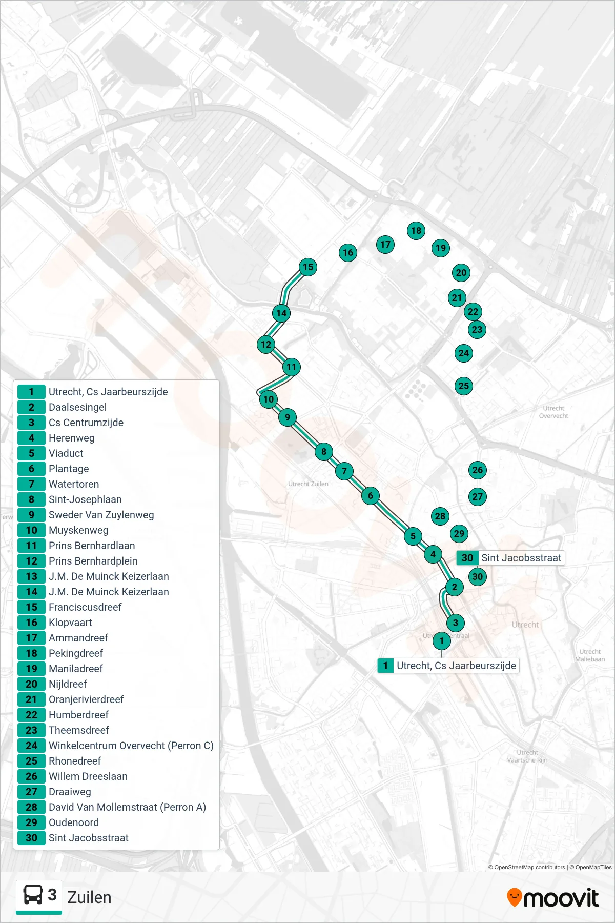 3 bus Line (Zuilen) route and stops on a map