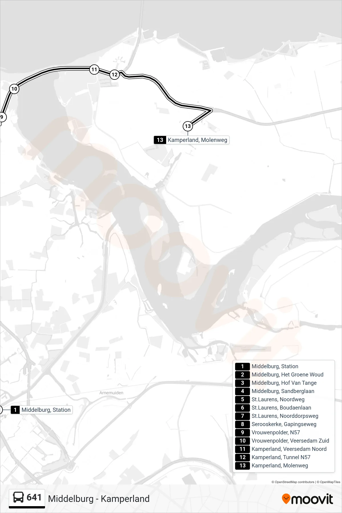 Lijn 641 (bus, Kamperland Molenweg): route en haltes op de kaart