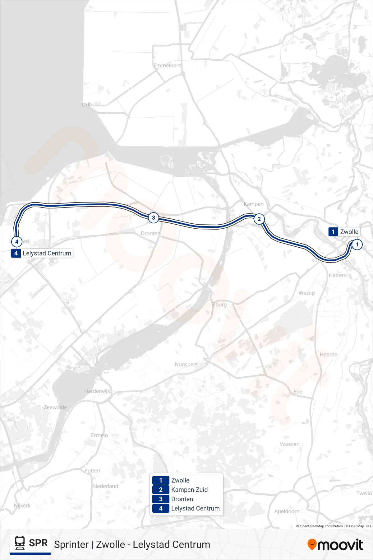 Lijn SPR (trein, Lelystad Centrum): route en haltes op de kaart