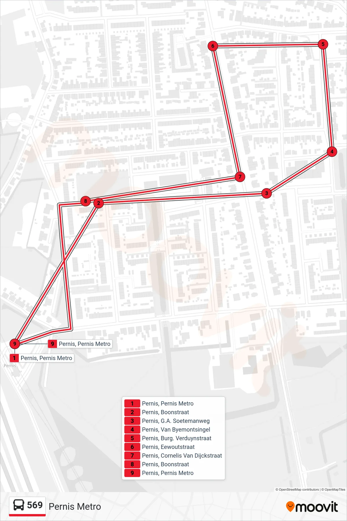 Lijn 569 (bus, Pernis Metro): route en haltes op de kaart