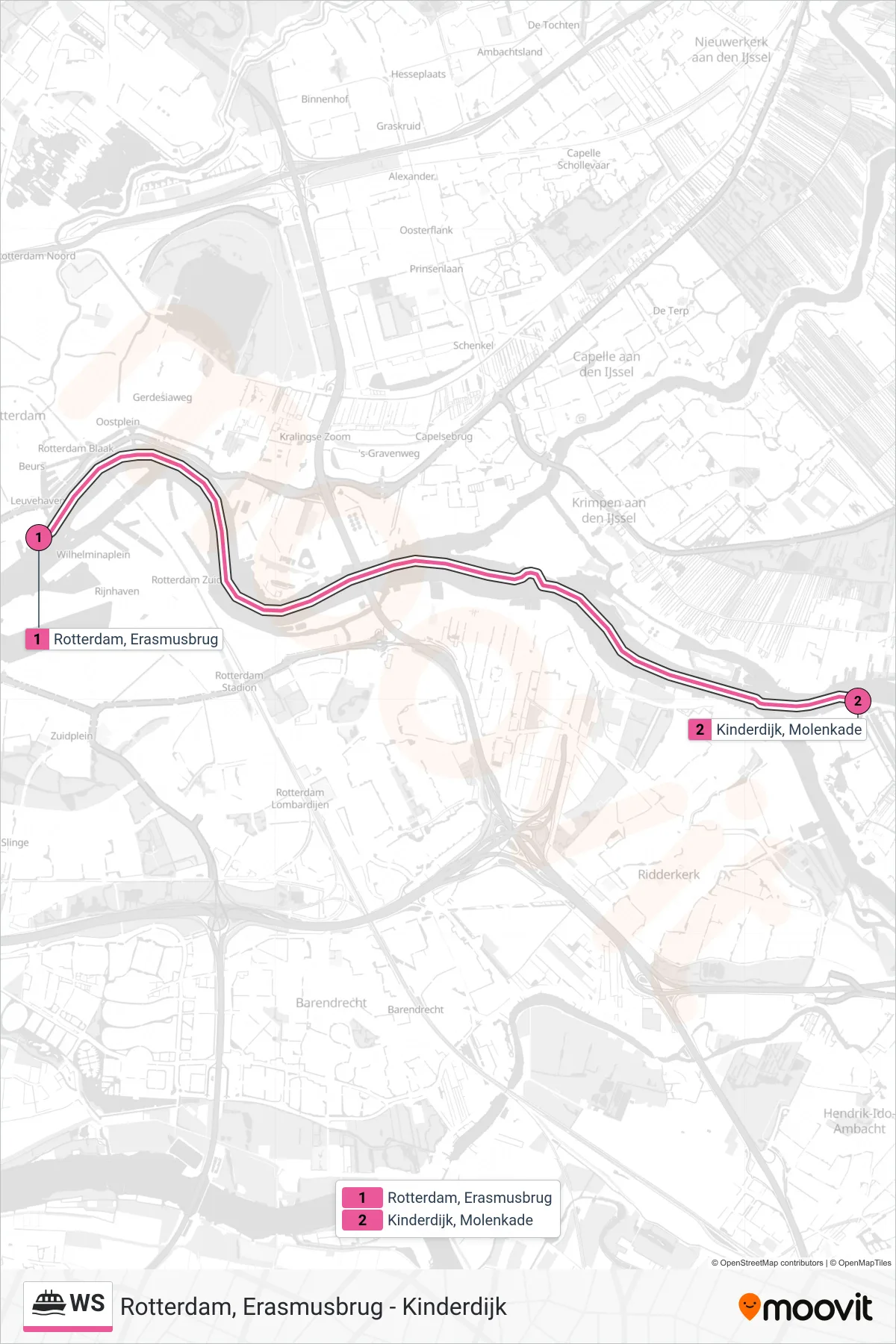Lijn WS (veerboot, Kinderdijk Molenkade): route en haltes op de kaart