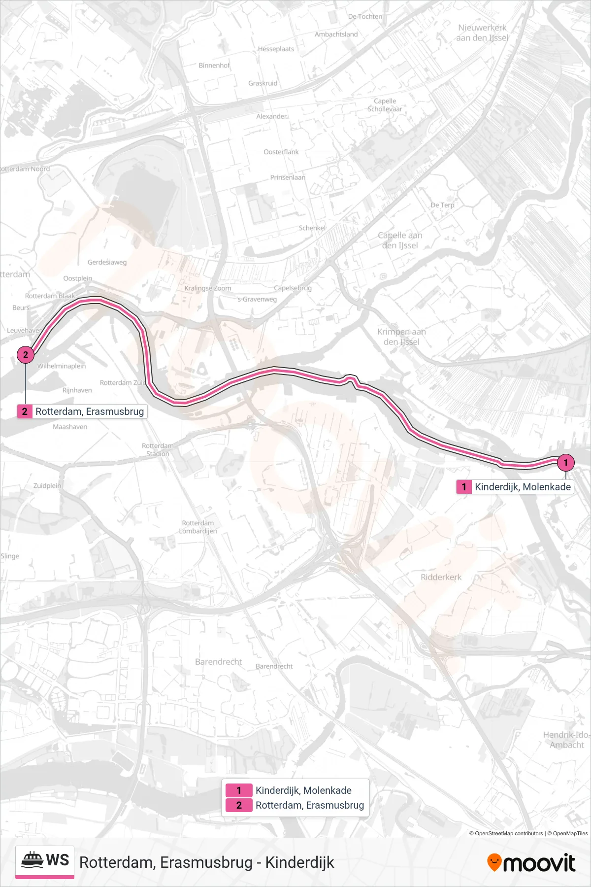Lijn WS (veerboot, Rotterdam Erasmusbrug): route en haltes op de kaart