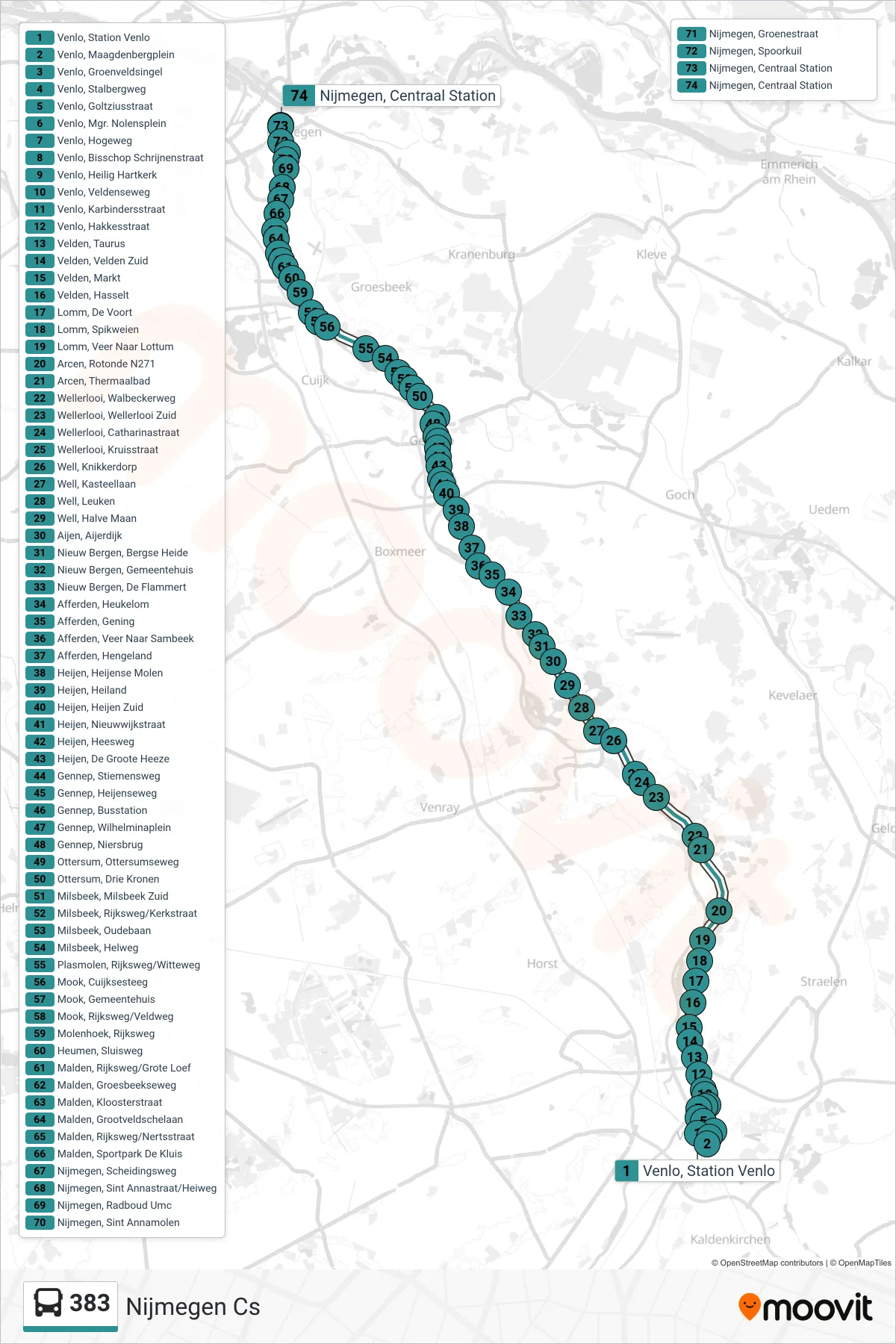 Lijn 383 (bus, Nijmegen Cs): route en haltes op de kaart