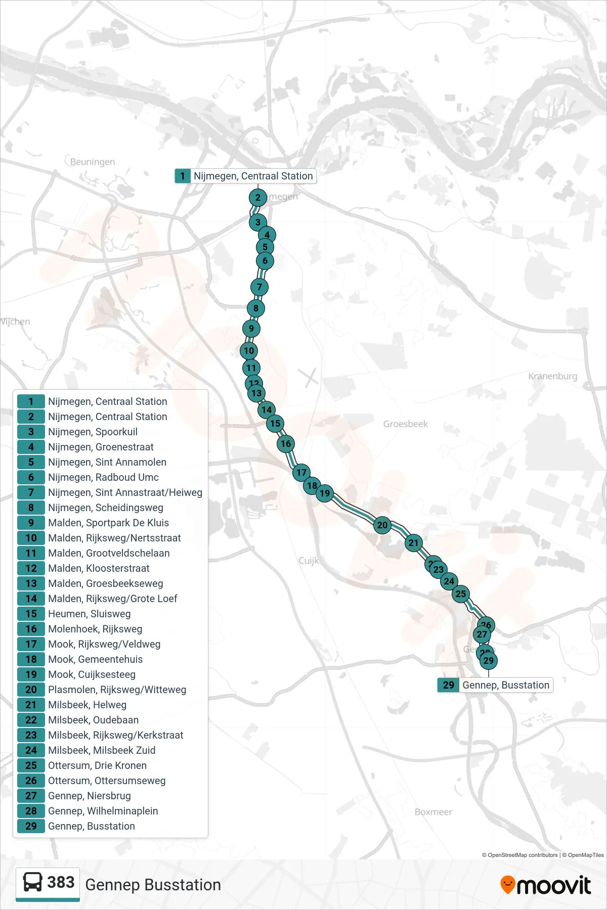 383 bus Line (Gennep Busstation) route and stops on a map