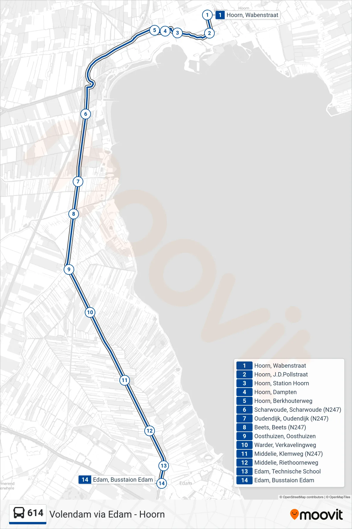 Lijn 614 (bus, Edam): route en haltes op de kaart