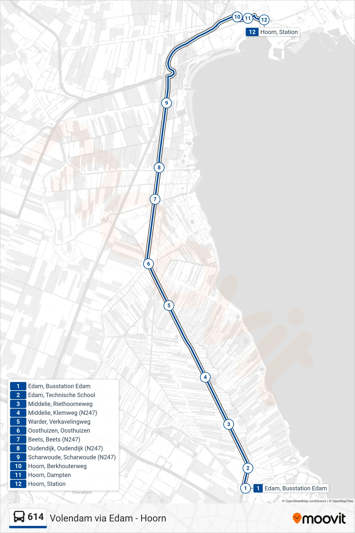 614 bus Line (Hoorn Station) route and stops on a map
