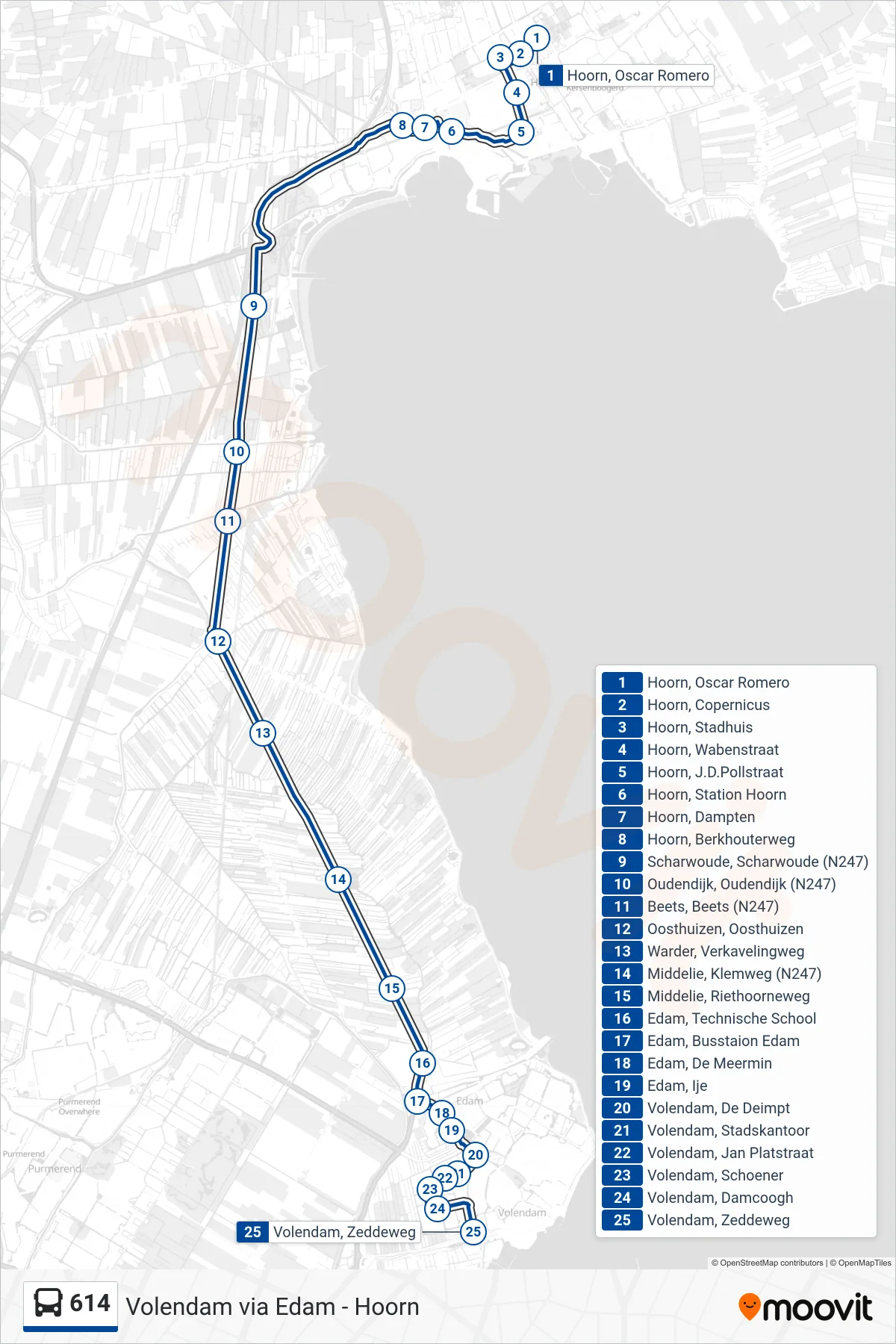 Lijn 614 (bus, Edam-Volendam): route en haltes op de kaart