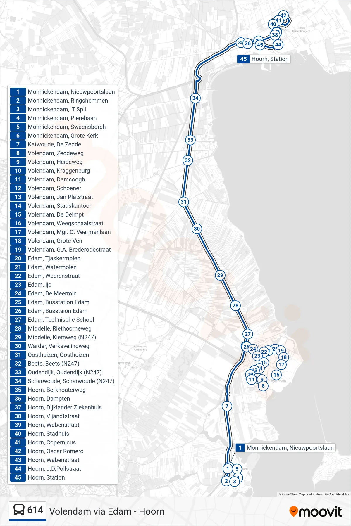 Lijn 614 (bus, Hoorn): route en haltes op de kaart