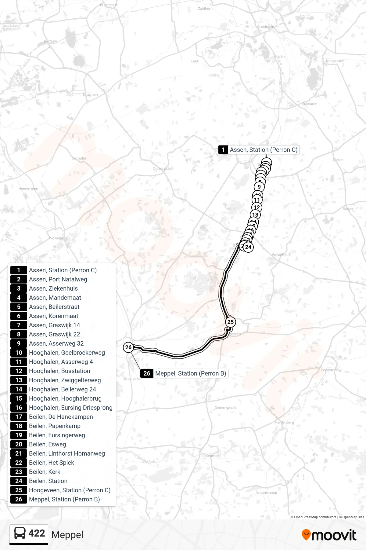 Lijn 422 (bus, Meppel): route en haltes op de kaart