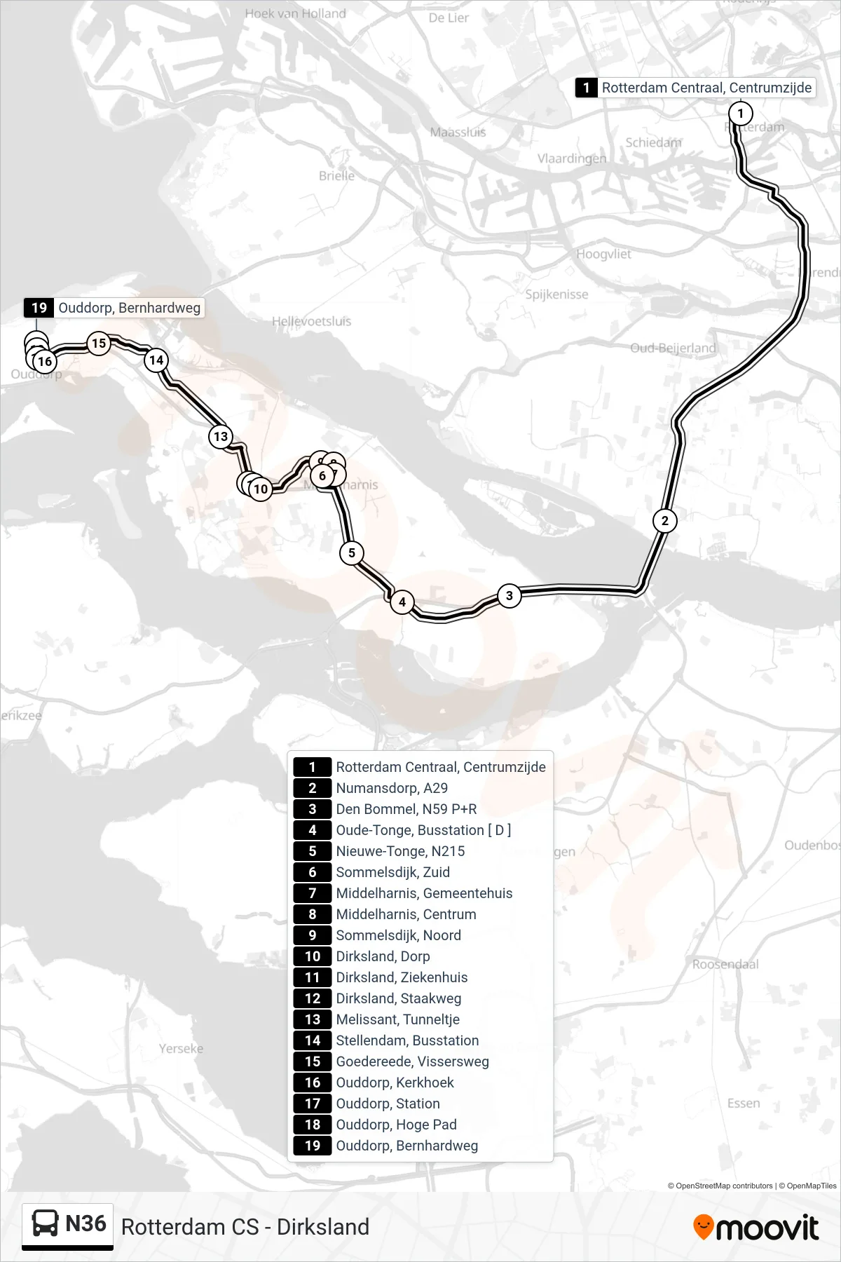 Lijn N36 (bus, Ouddorp Bernhardweg): route en haltes op de kaart