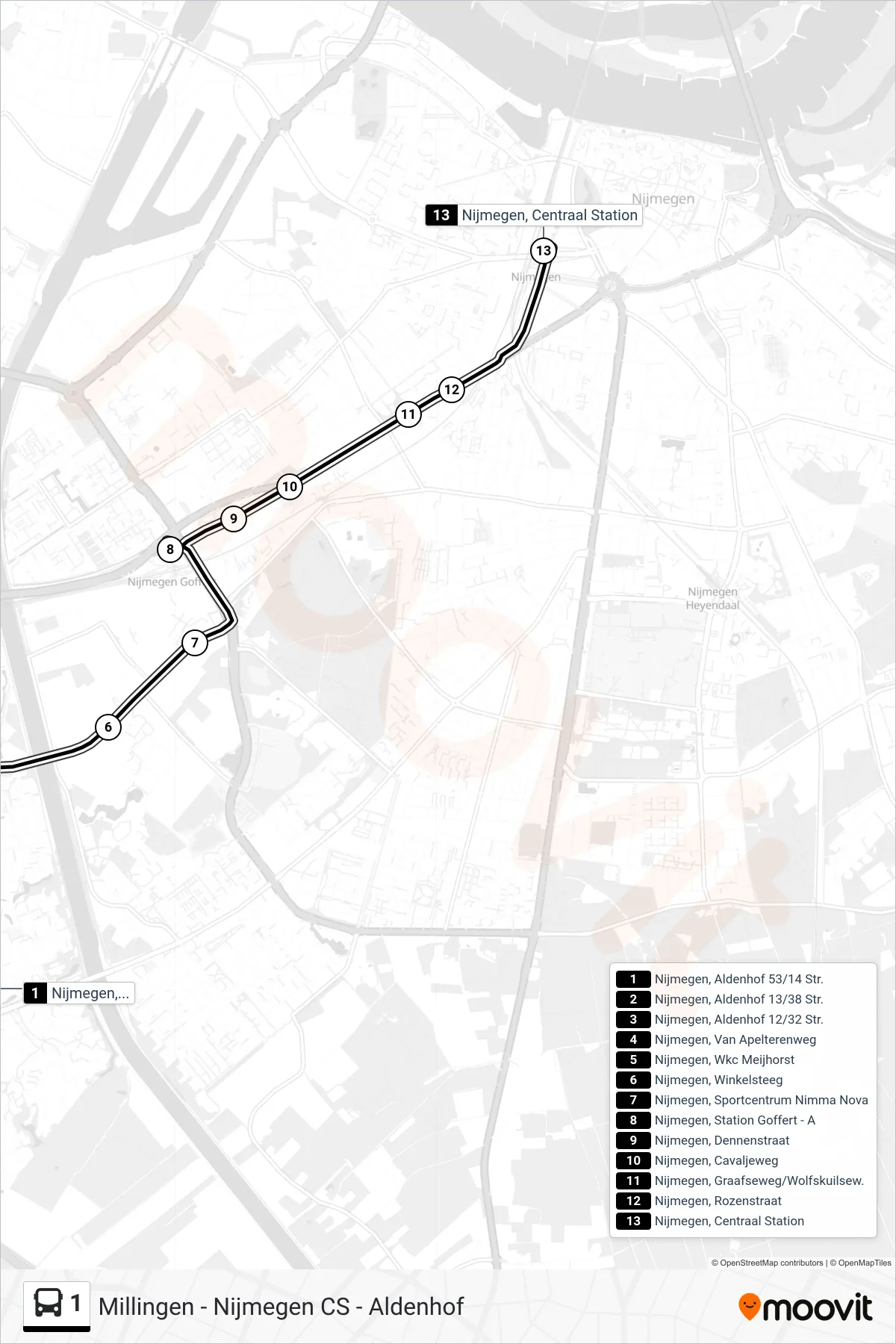 Lijn 1 (bus, Nijmegen Cs): route en haltes op de kaart
