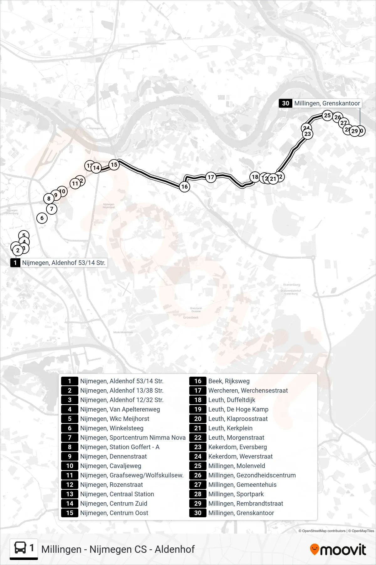 1 bus Line (Millingen A/D Rijn) route and stops on a map