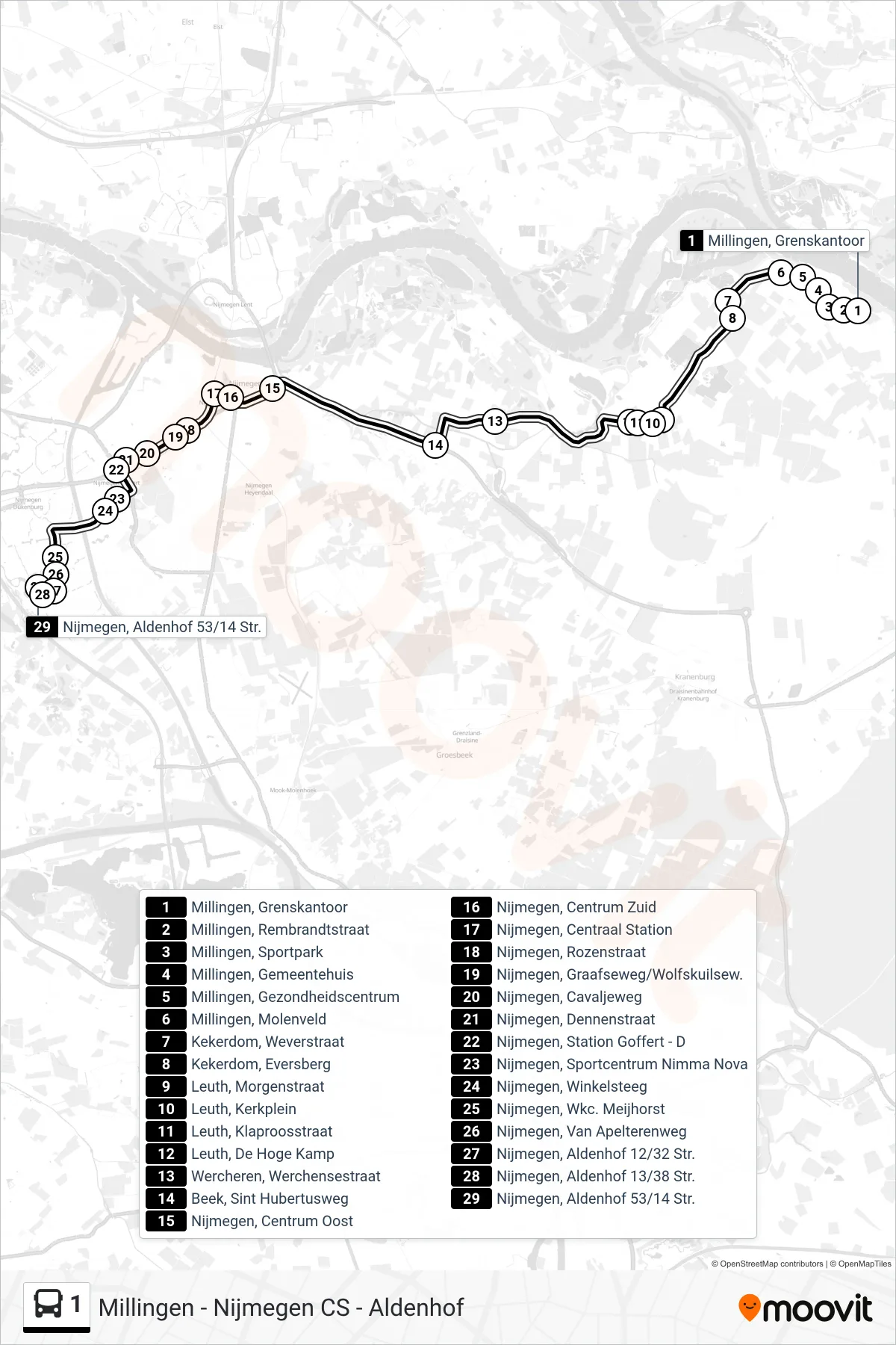 Lijn 1 (bus, Aldenhof): route en haltes op de kaart