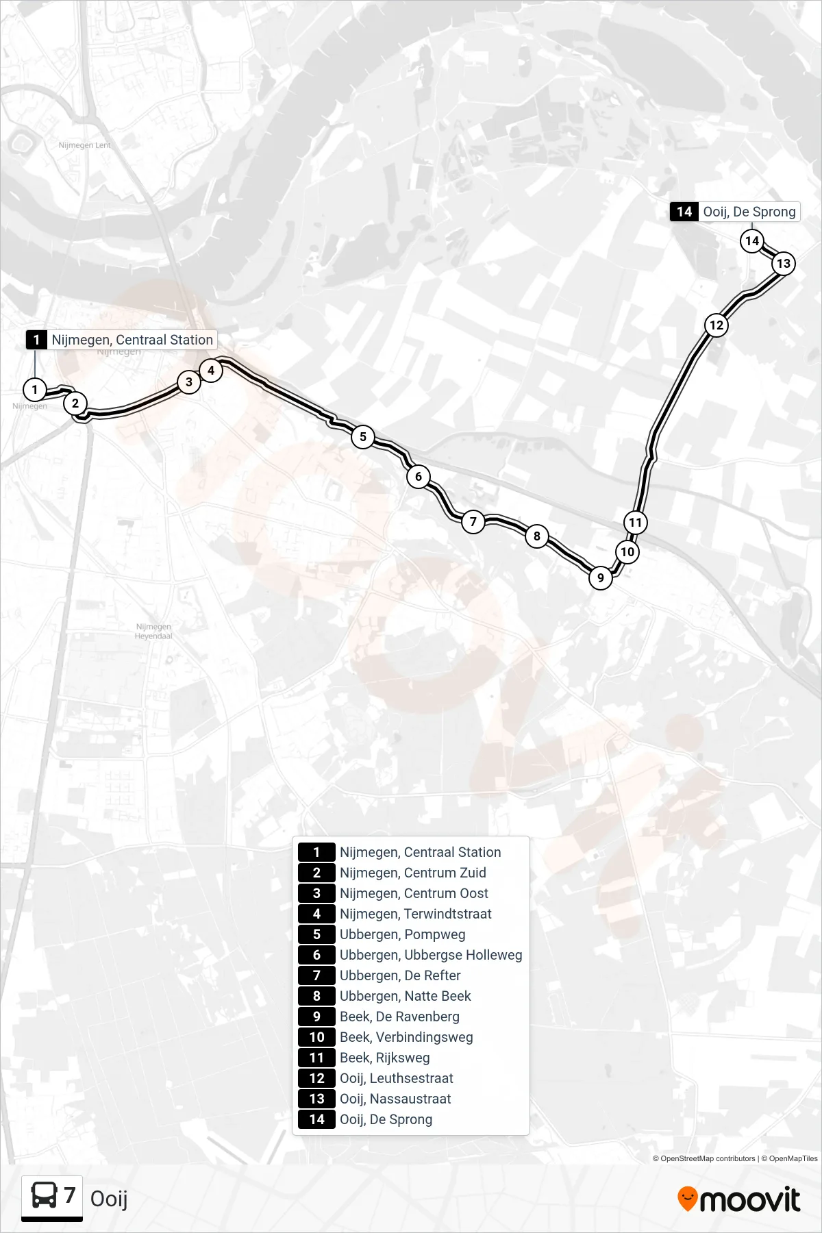 Lijn 7 (bus, Ooij): route en haltes op de kaart