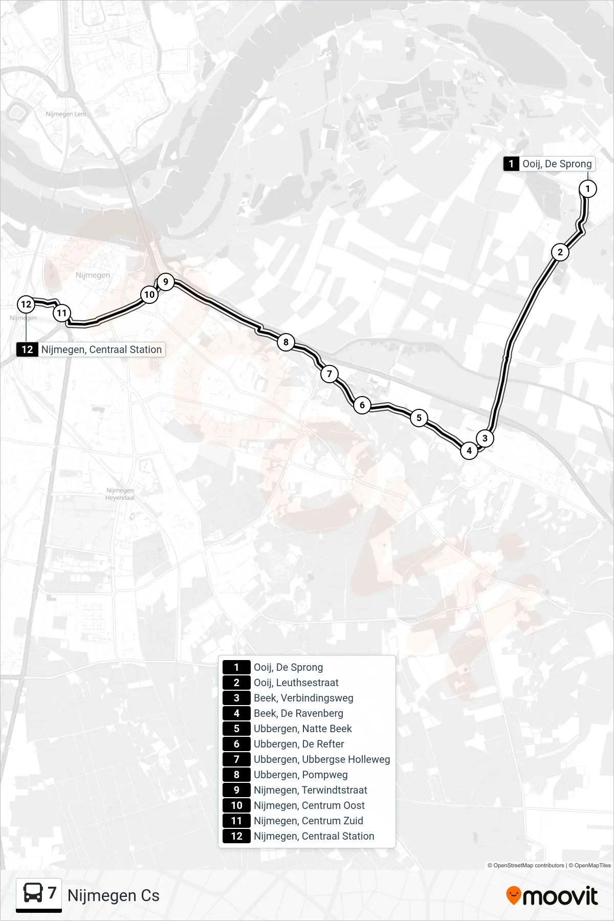 7 bus Line (Nijmegen Cs) route and stops on a map