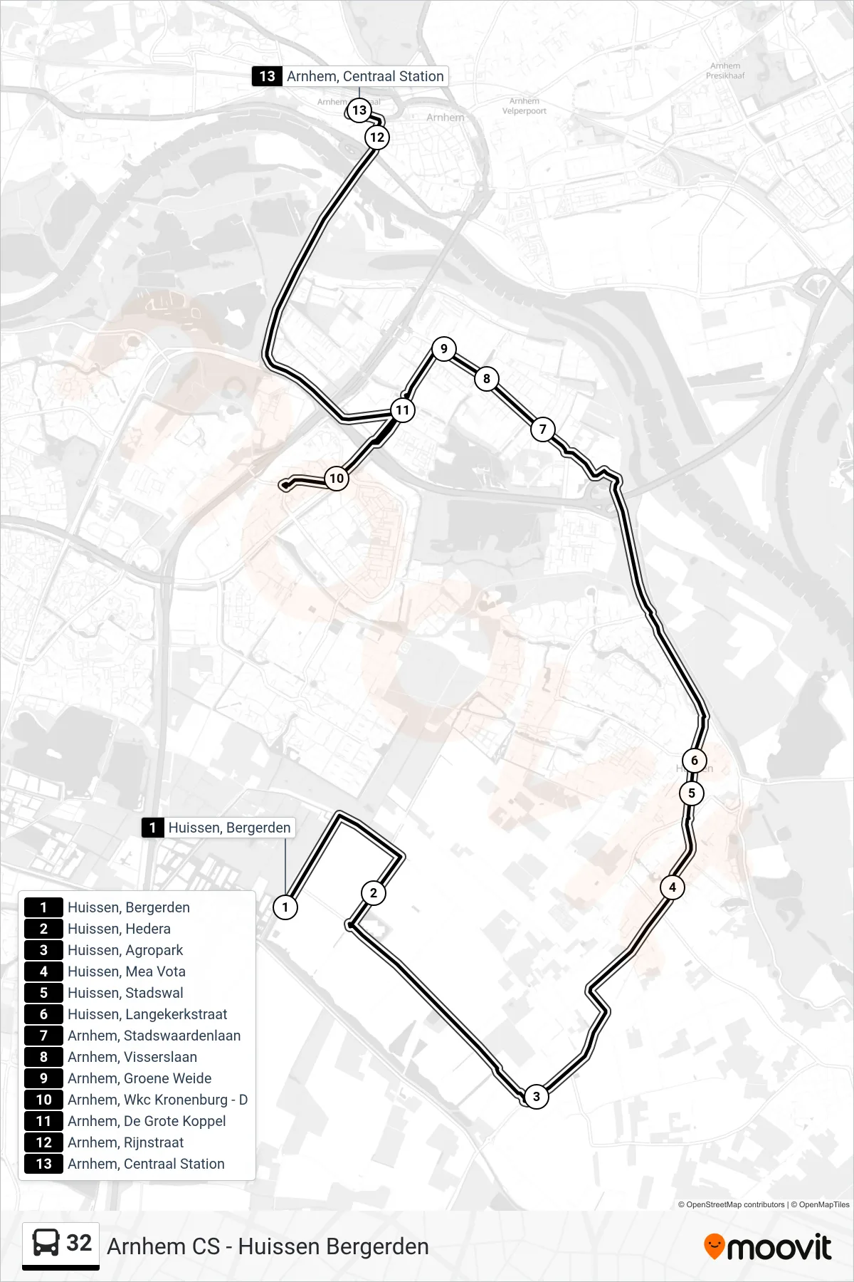 Lijn 32 (bus, Arnhem Cs): route en haltes op de kaart
