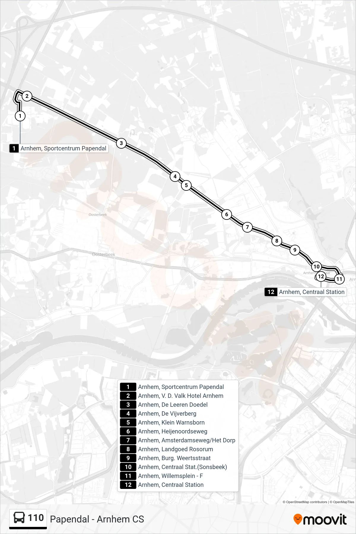 Lijn 110 (bus, Arnhem Cs): route en haltes op de kaart