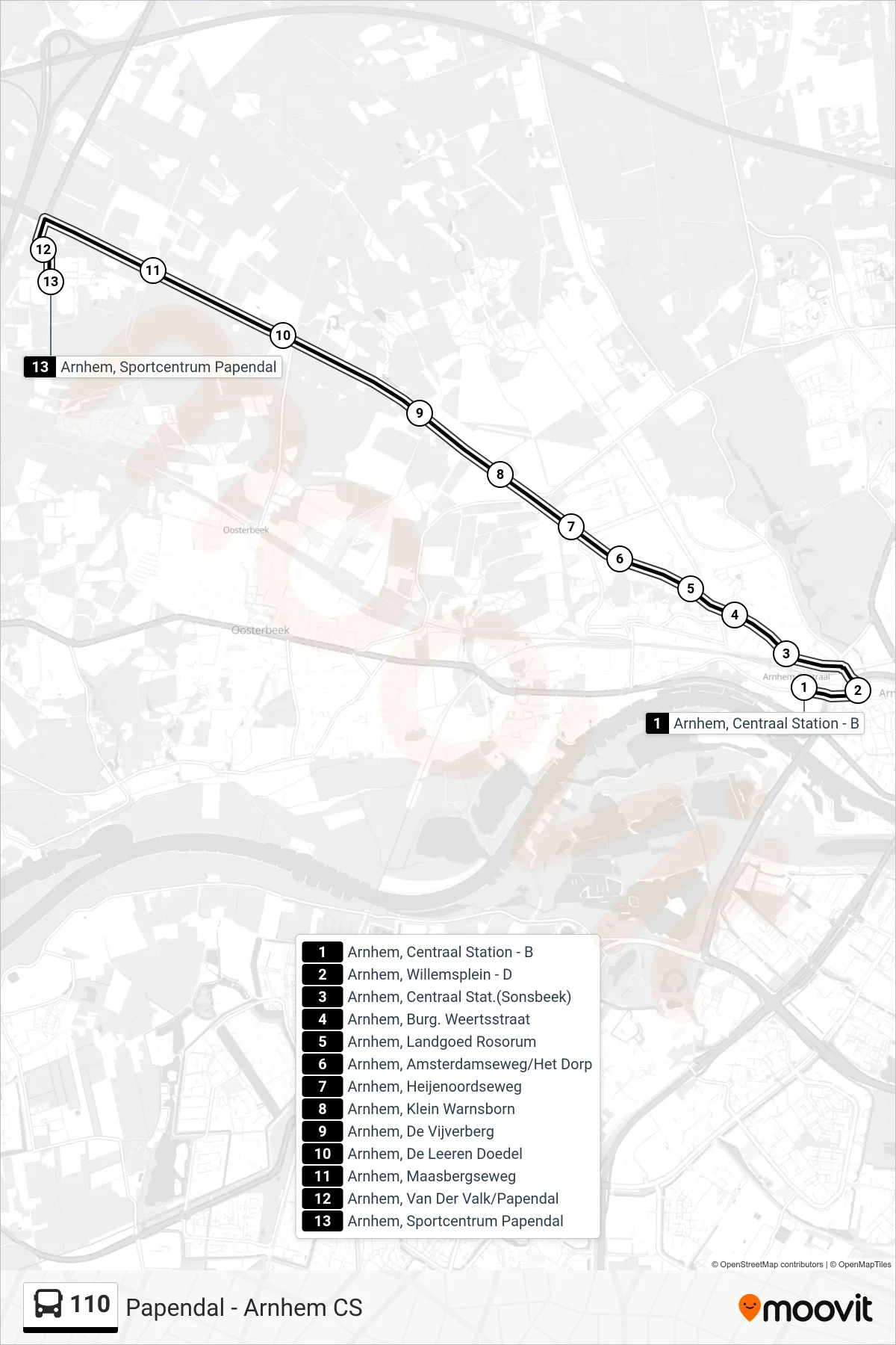 110 bus Line (Papendal) route and stops on a map