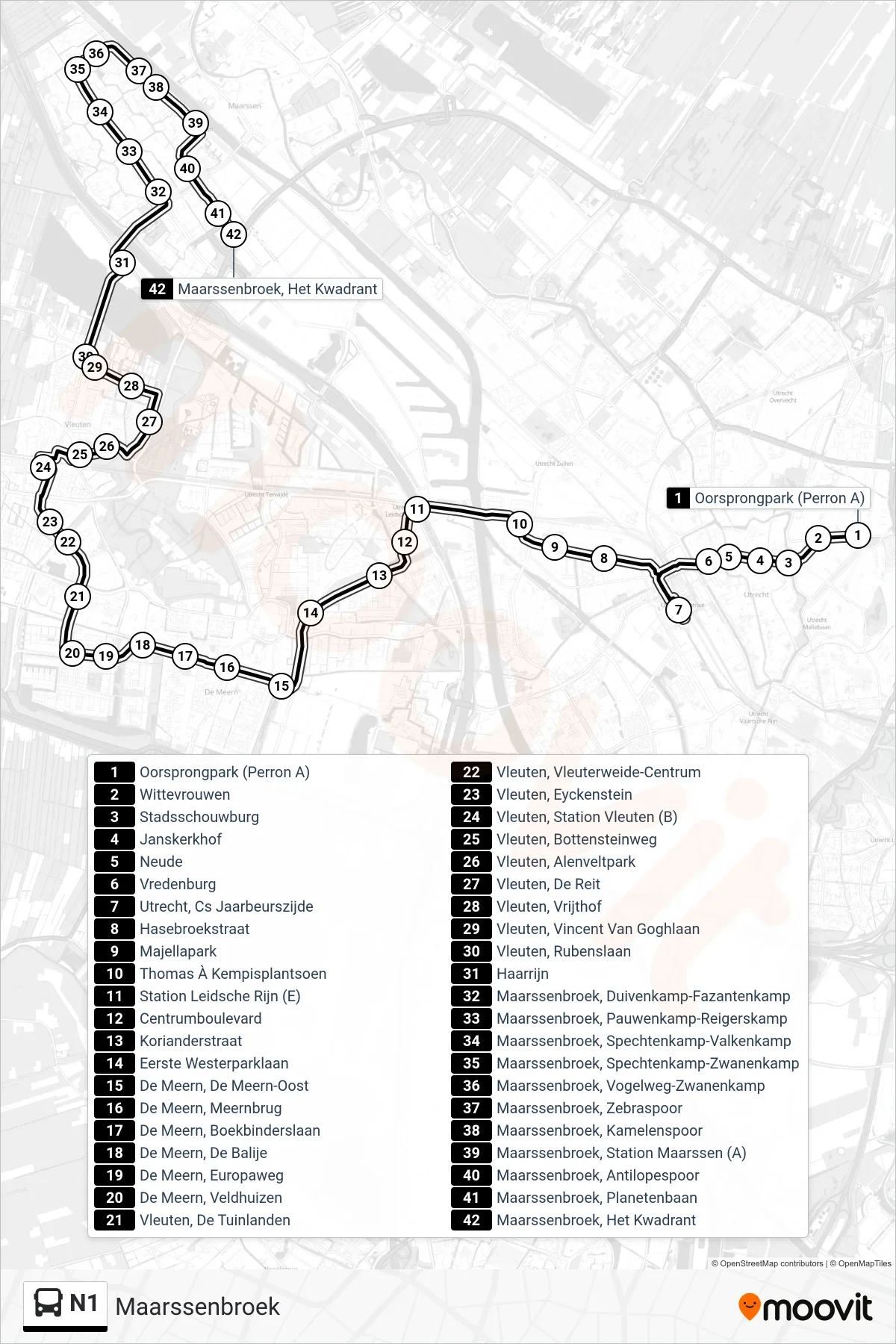 Lijn N1 (bus, Maarssenbroek): route en haltes op de kaart