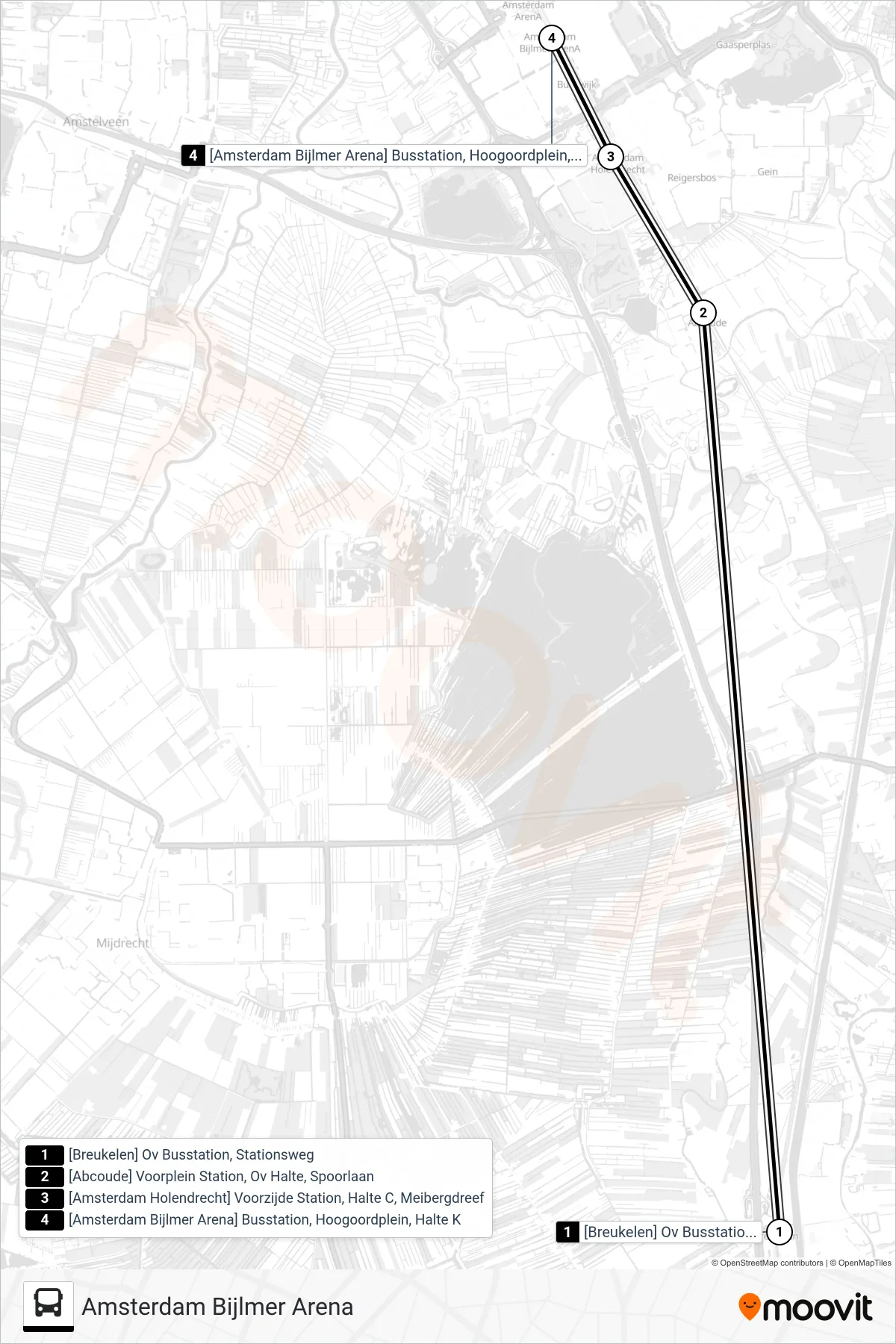 STOPBUS IPV TREIN bus Line (Amsterdam Bijlmer Arena) route and stops on a map