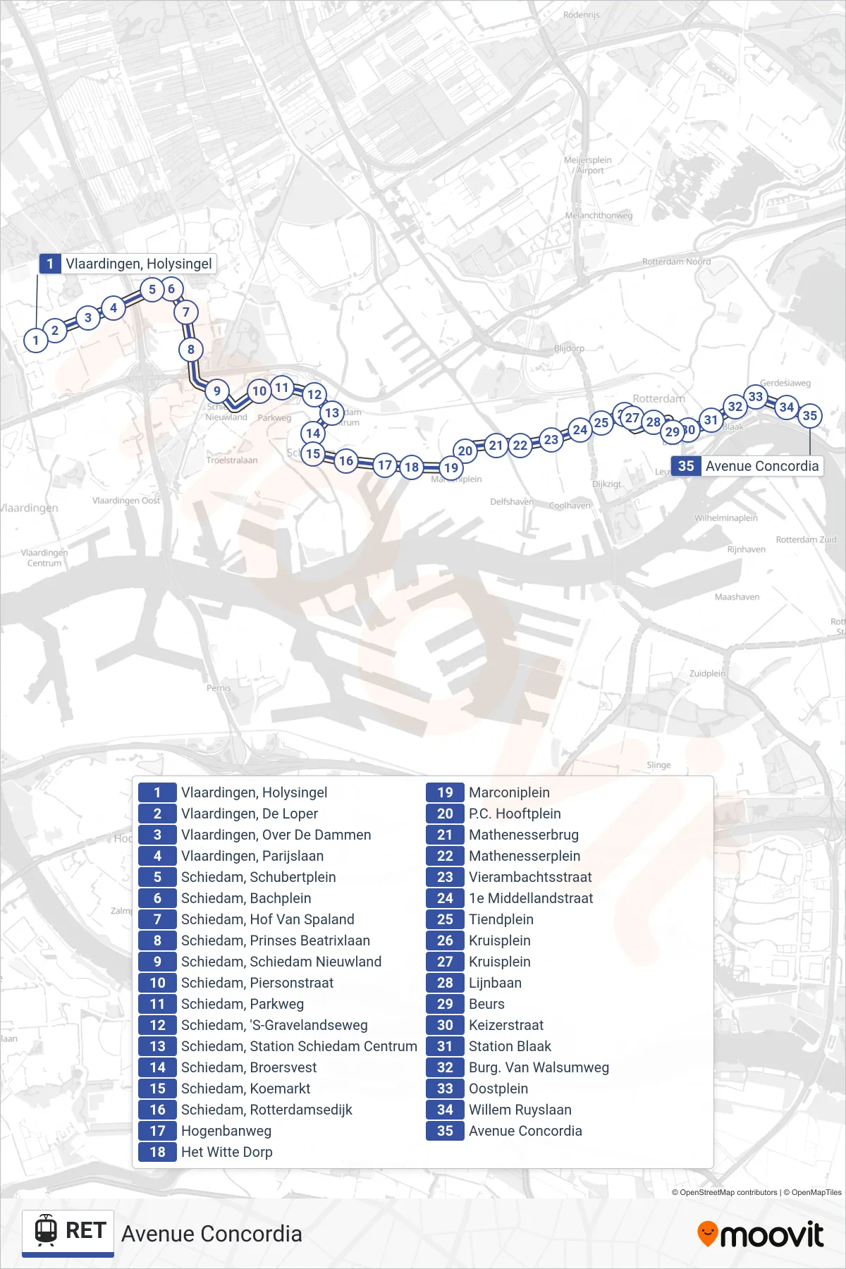 RET light rail Line (Avenue Concordia) route and stops on a map