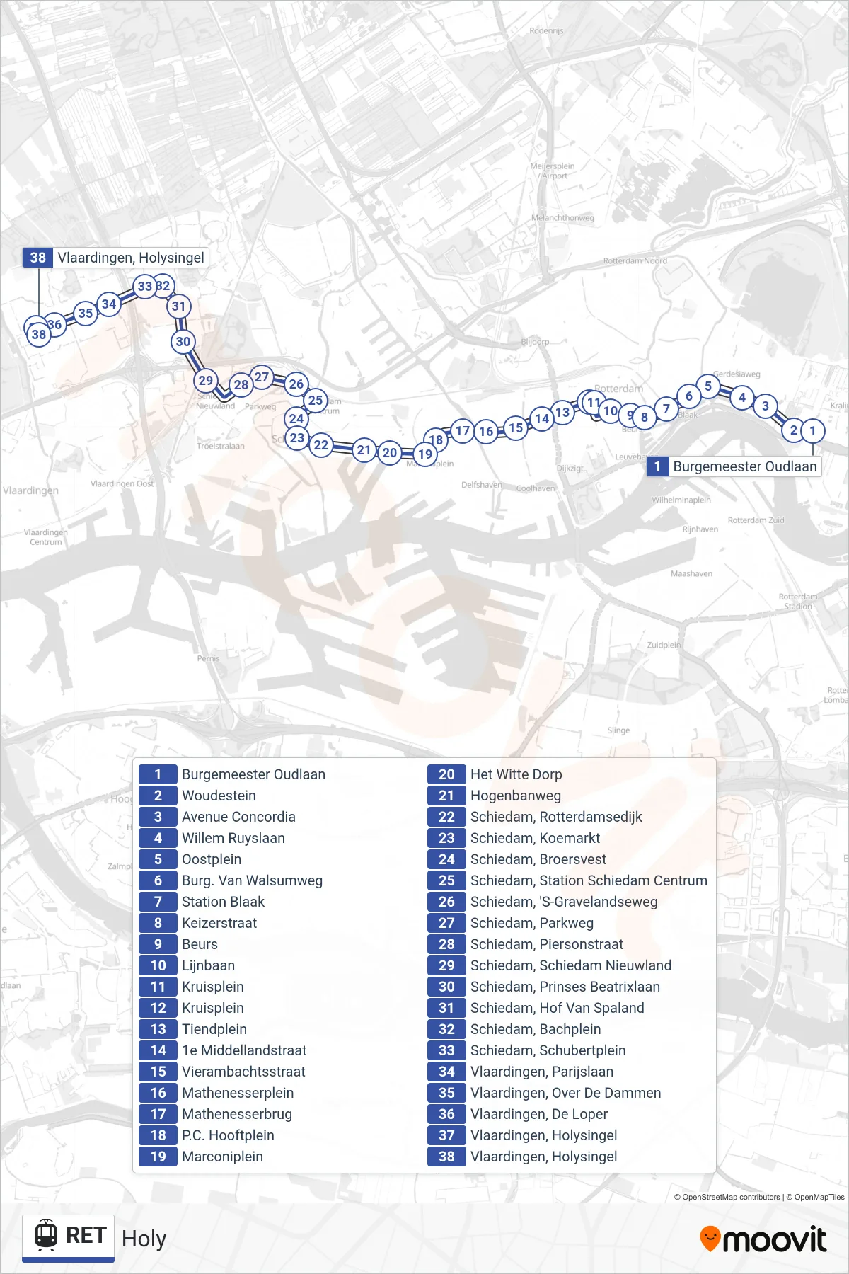 Lijn RET (tram, Holy): route en haltes op de kaart