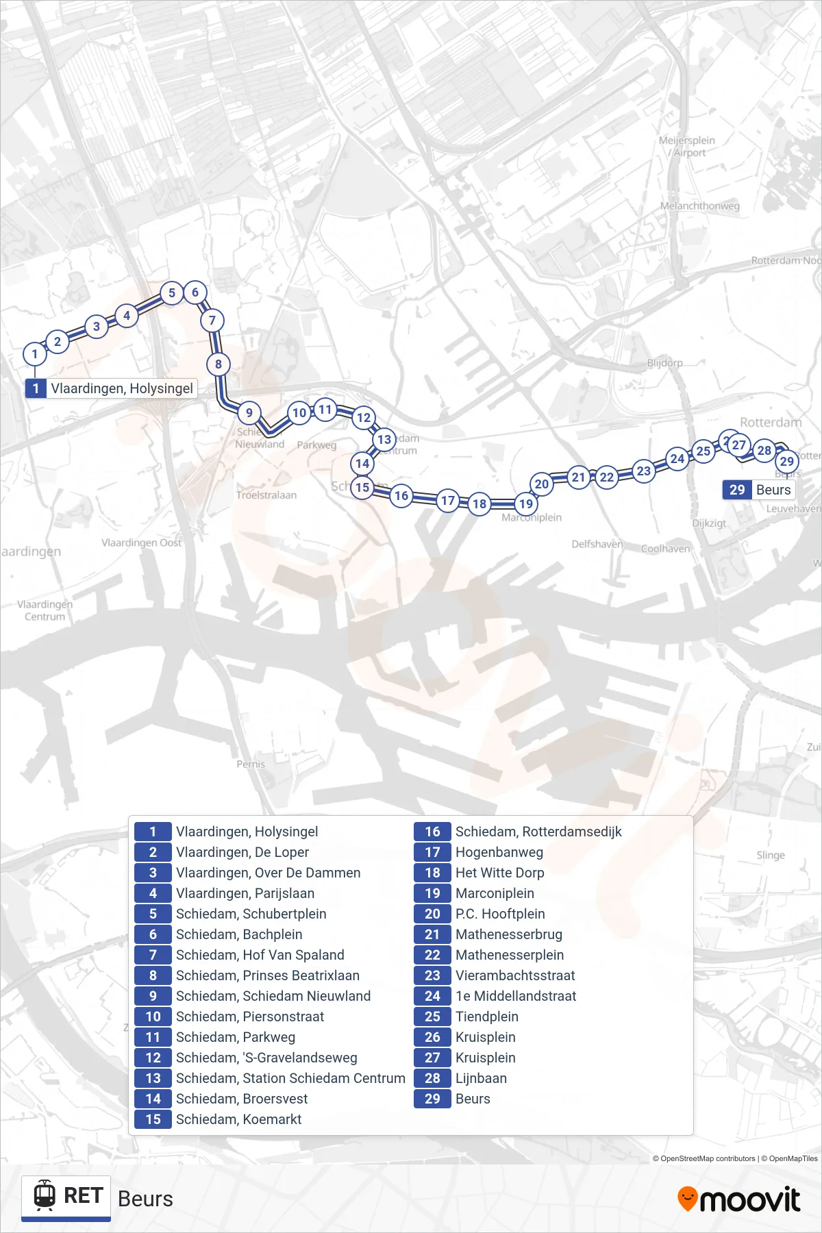 Lijn RET (tram, Beurs): route en haltes op de kaart