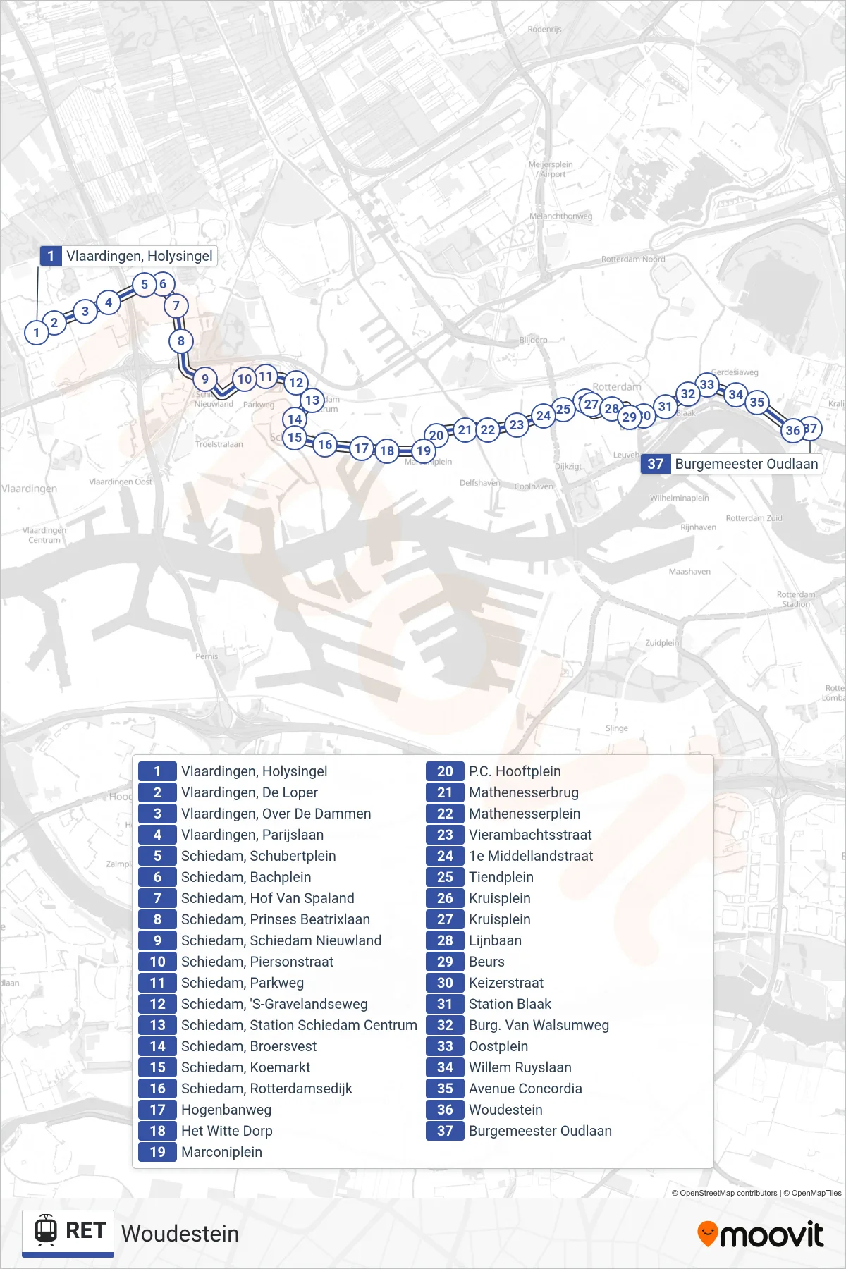 Lijn RET (tram, Woudestein): route en haltes op de kaart