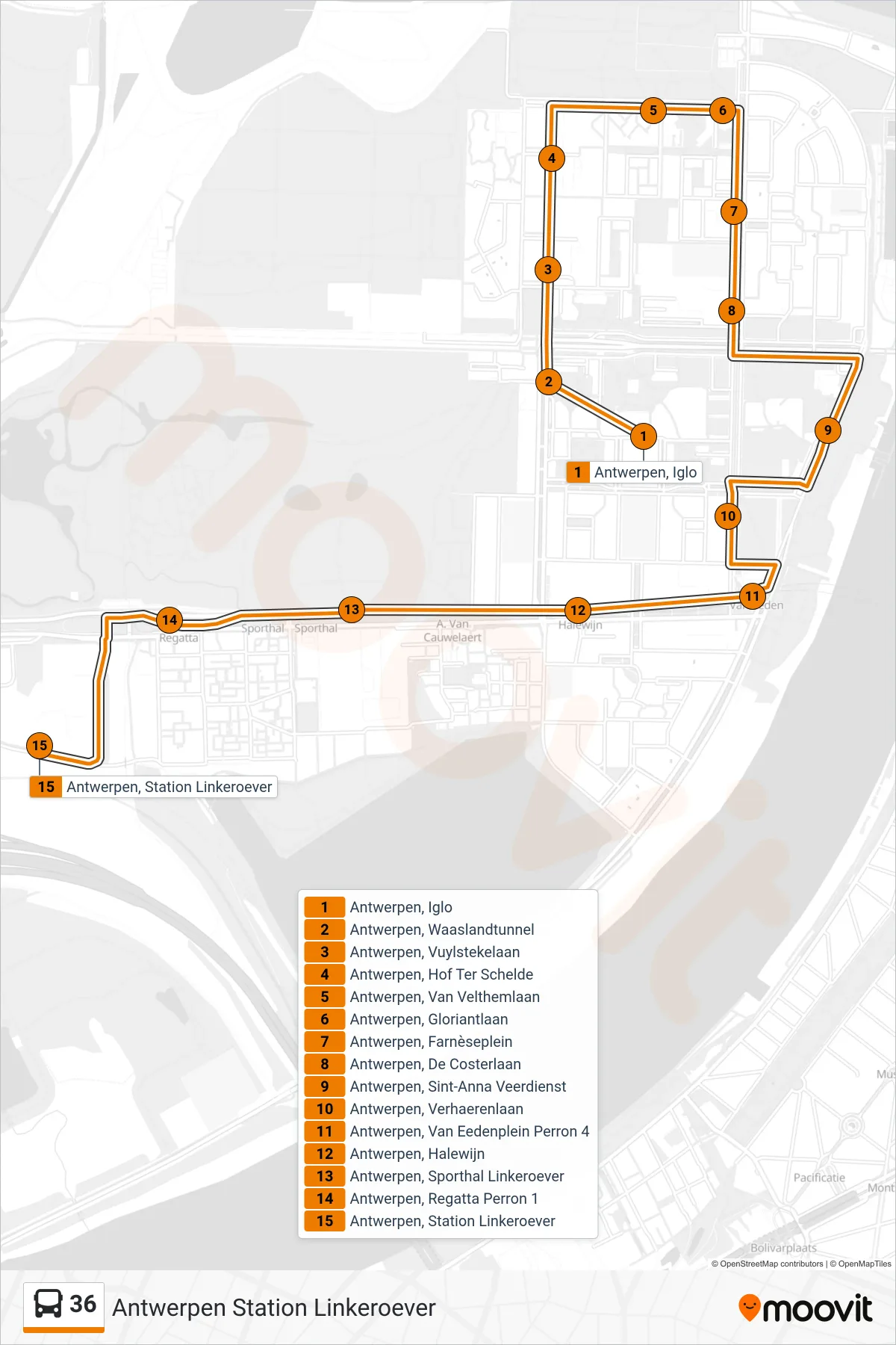 Lijn 36 (bus, Antwerpen Station Linkeroever): route en haltes op de kaart