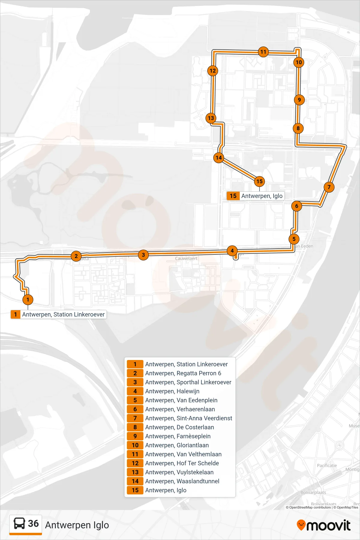 Lijn 36 (bus, Antwerpen Iglo): route en haltes op de kaart