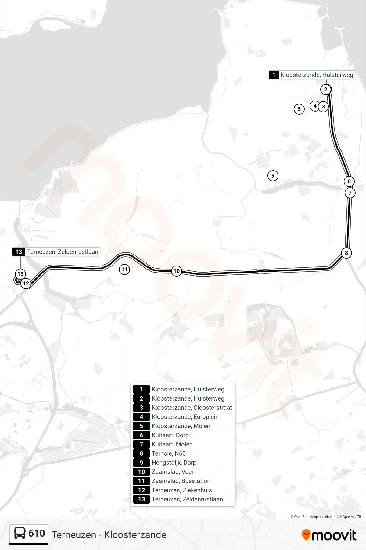Lijn 610 (bus, Terneuzen Zeldenrustlaan): route en haltes op de kaart
