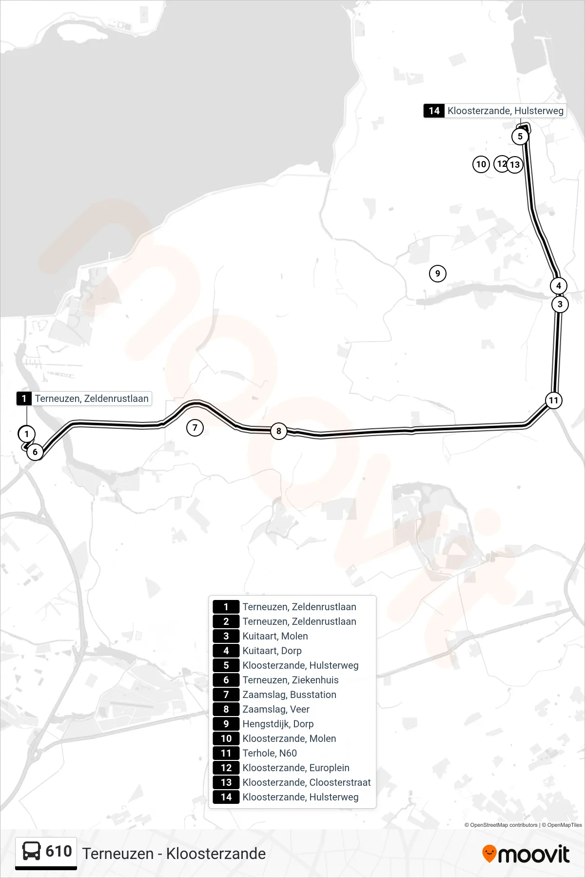 Lijn 610 (bus, Kloosterzande Hulsterweg): route en haltes op de kaart