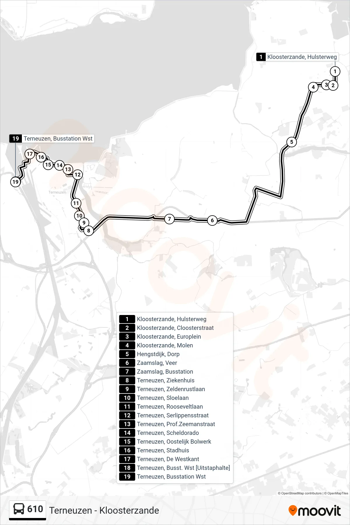 Lijn 610 (bus, Terneuzen Busstation Wst): route en haltes op de kaart