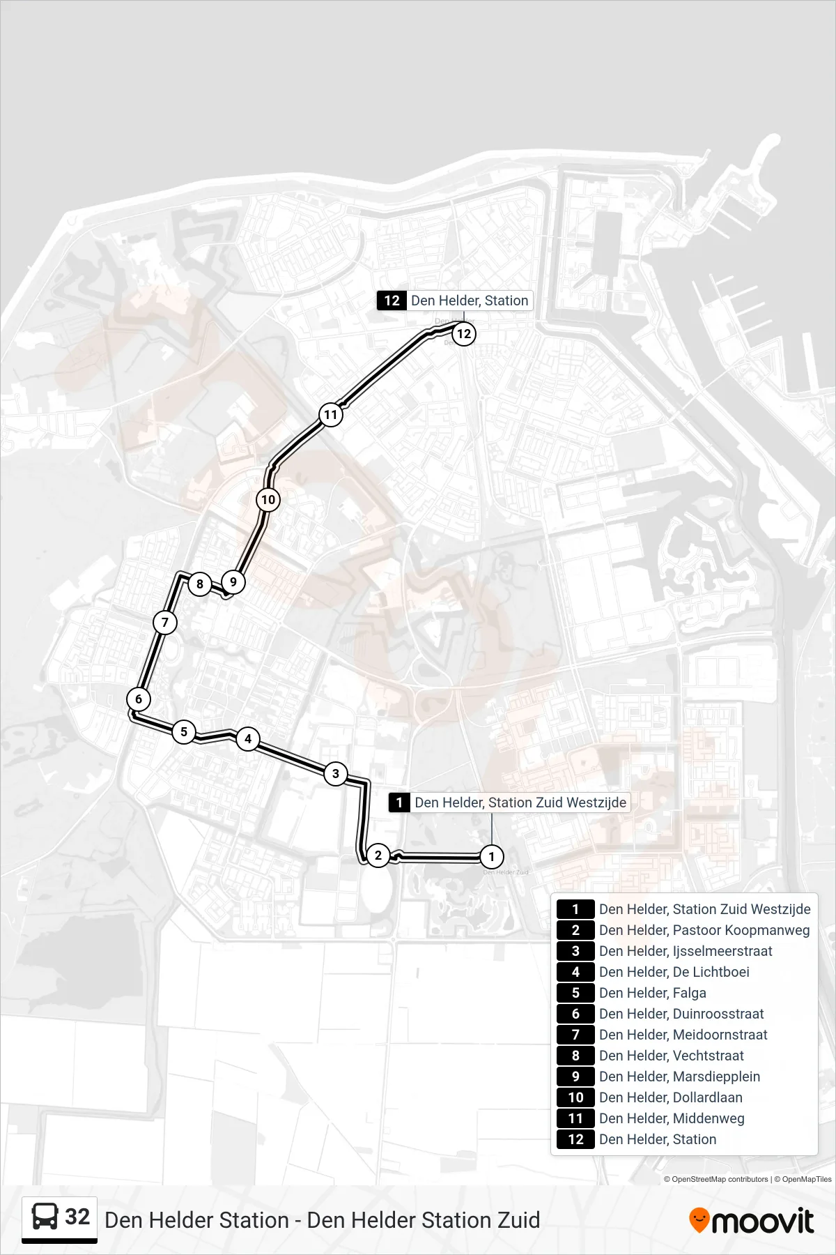 Lijn 32 (bus, Den Helder Station): route en haltes op de kaart