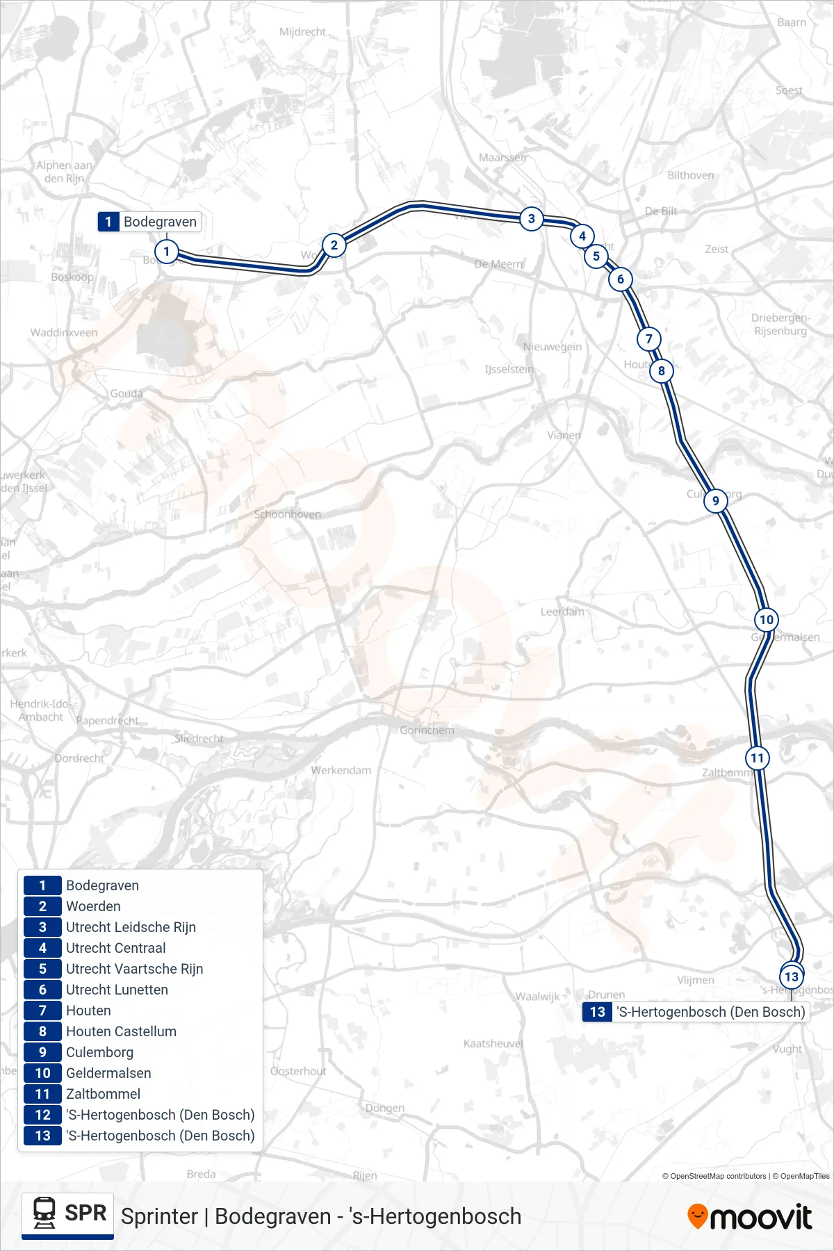 Lijn SPR (trein, 'S-Hertogenbosch): route en haltes op de kaart