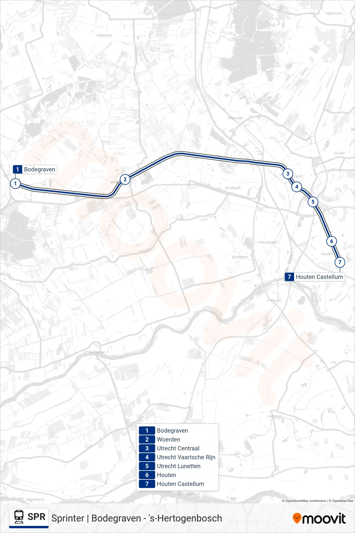 Lijn SPR (trein, Houten Castellum): route en haltes op de kaart