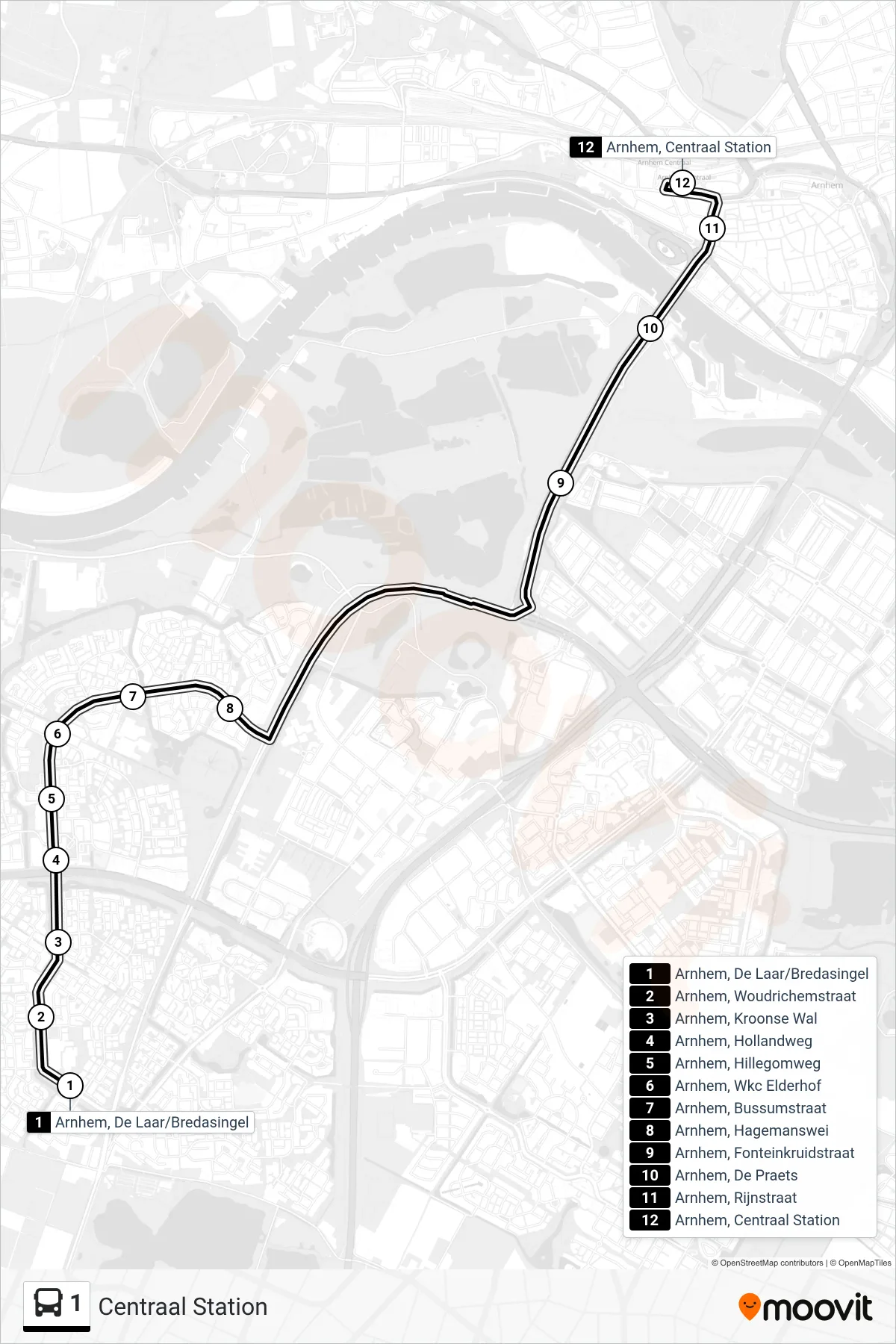 Lijn 1 (bus, Centraal Station): route en haltes op de kaart