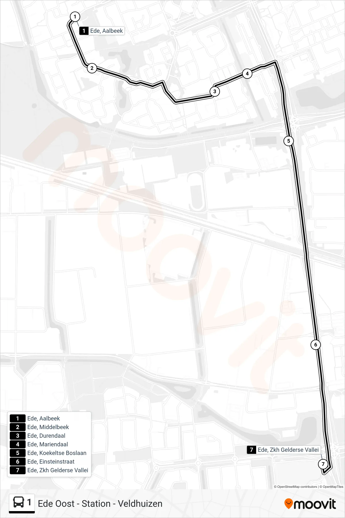 Lijn 1 (bus, Ede Zkh Gelderse Vallei): route en haltes op de kaart